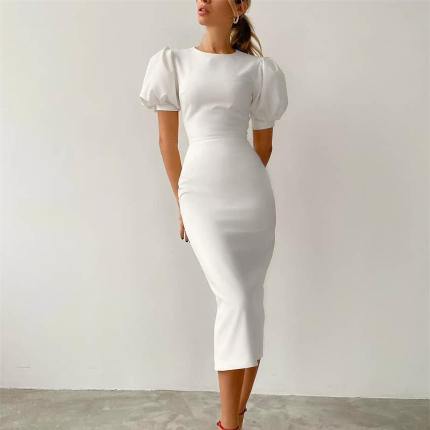 Women Round Neck Short Bubble Sleeves High Waist Elegant Wrap Solid Color Dress