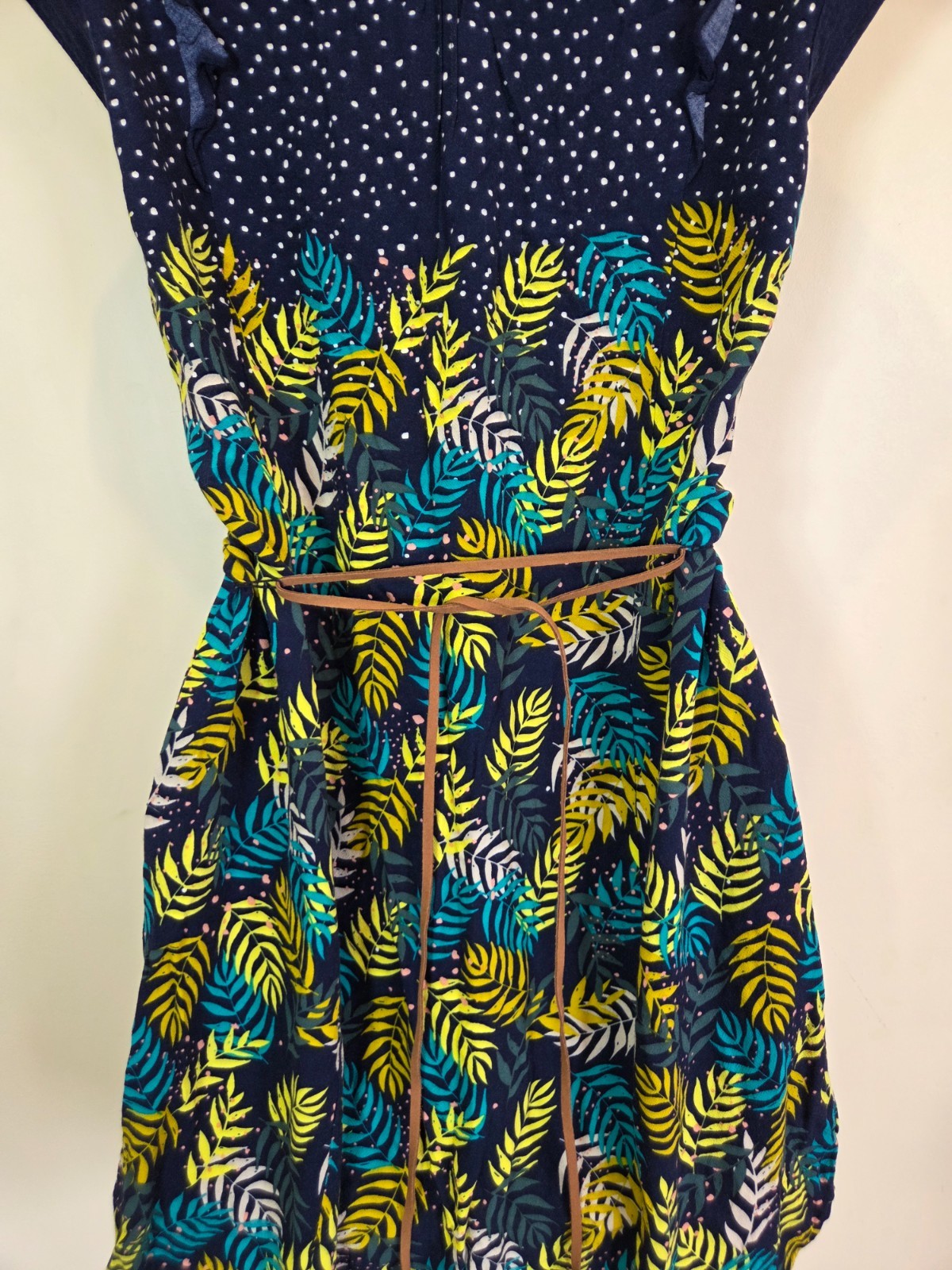 White Stuff Size 14 Navy Blue Gold Sleeveless Belt Leaf Print Autumn Tunic Dress