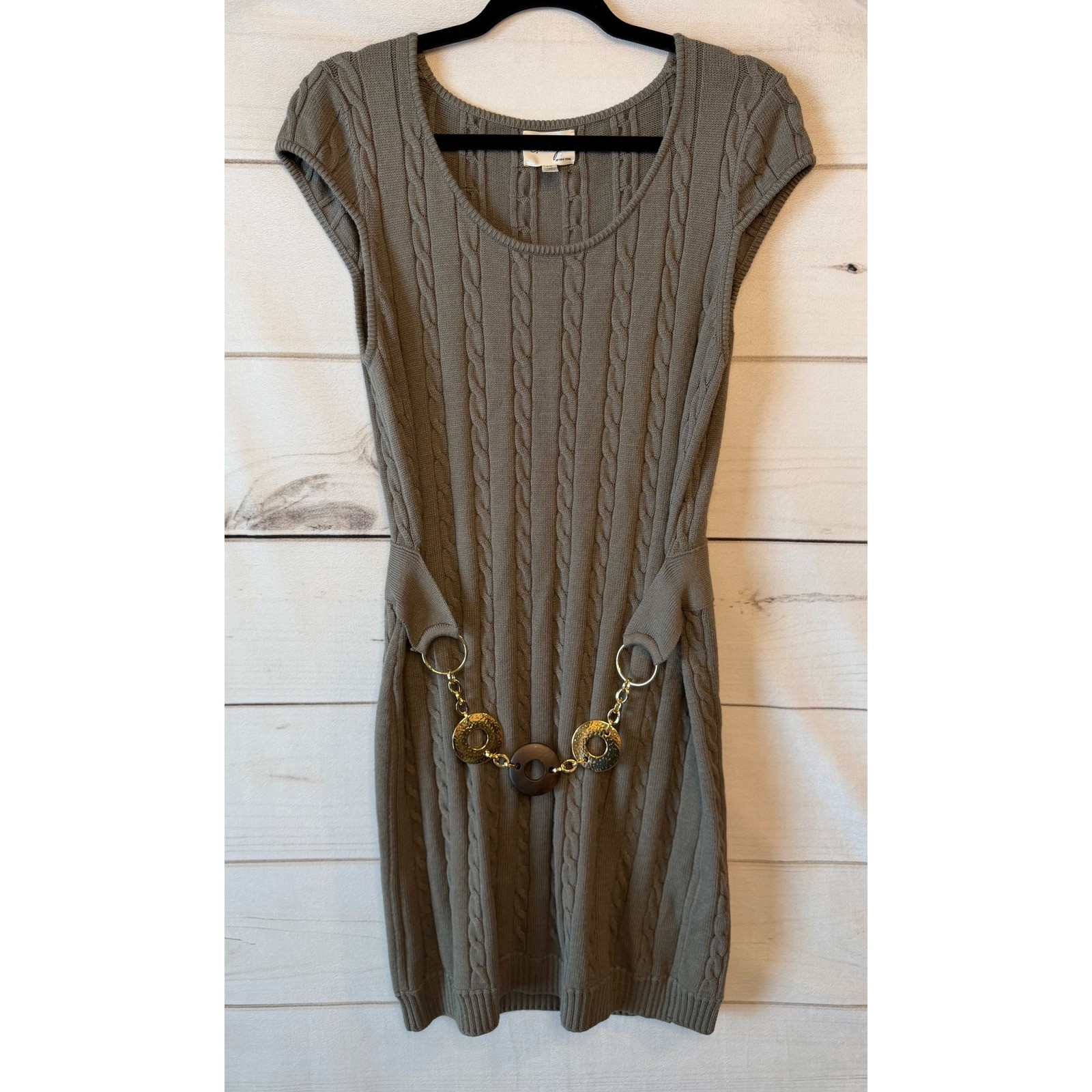 Milly of New York Taupe Cable Knit Sweater Dress with Gold Chain Belt Size M
