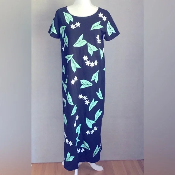 M.Mac Palm Leaves Black Ankle Length Cotton Dress Size Small