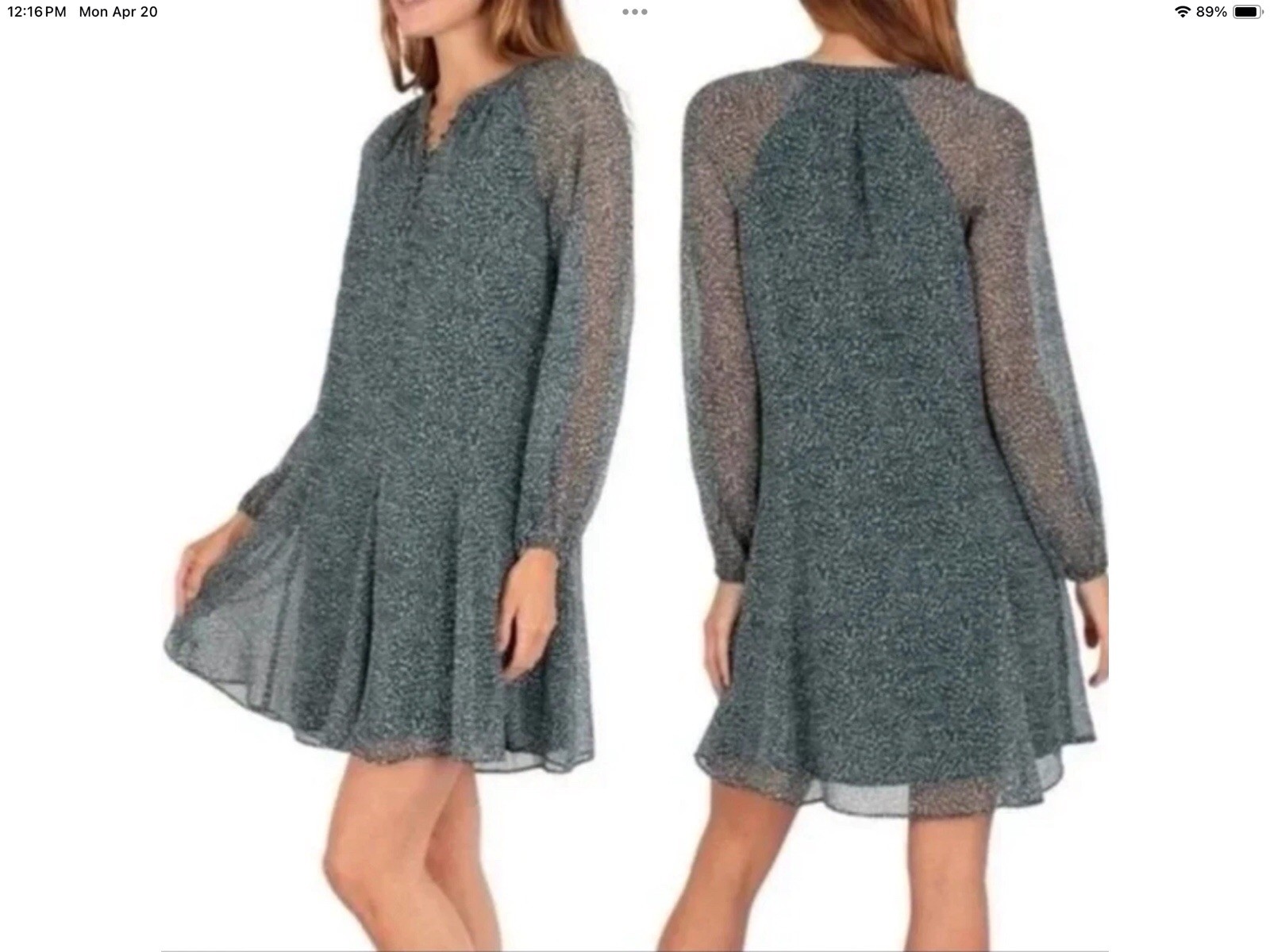 Joie Dress Womens Green Arctic Animal Spot Long Sleeve Size Medium Sheer Lined
