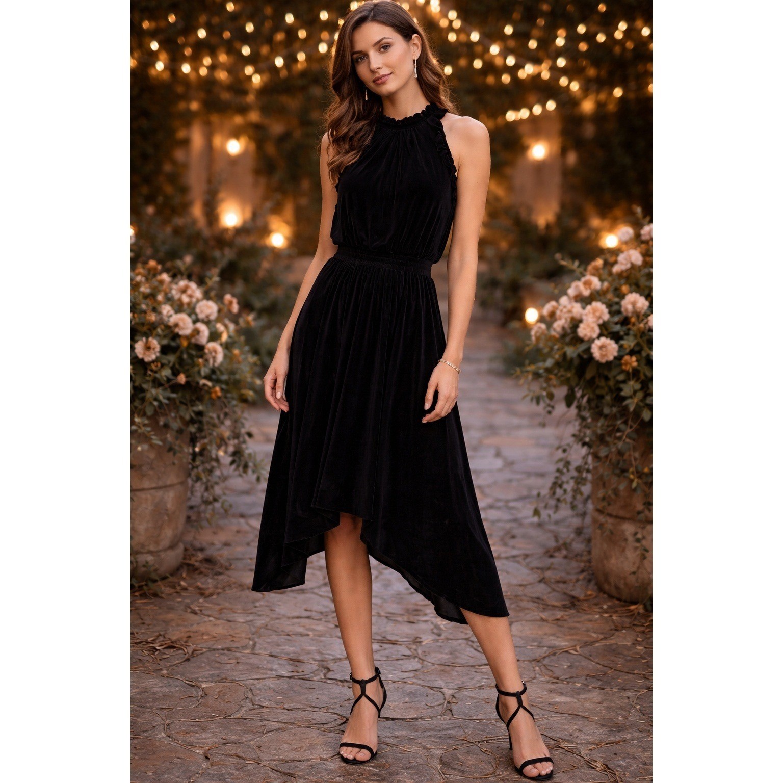 Shoshanna Romantic Velvet Asymmetrical Midi Dress Ruffle Trim Black Size 0