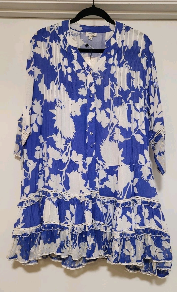 Sunday Saint Tropez Bella Ciao Flower Cover up Mini Dress Blue NWT Women Medium