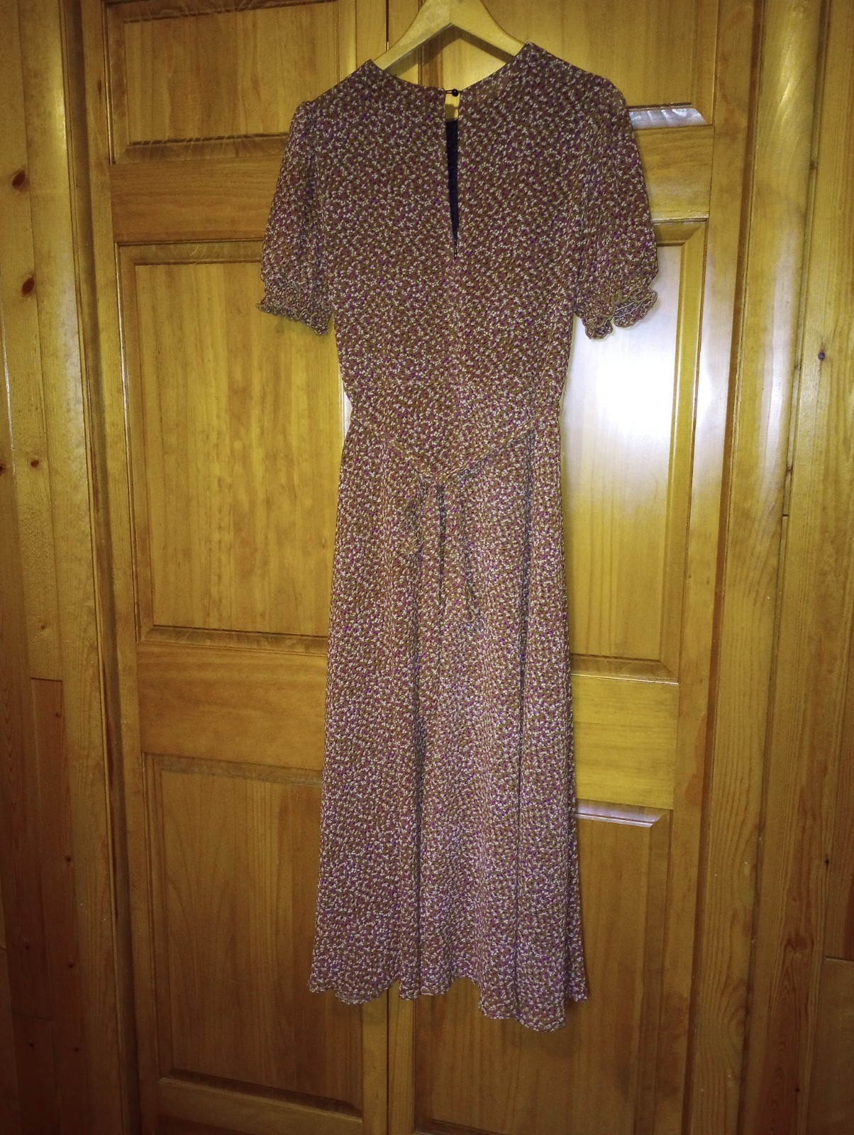 Calico Prairie Dress Brown Sz Large Boho Midi puff sleeve lined belt zip keyhole