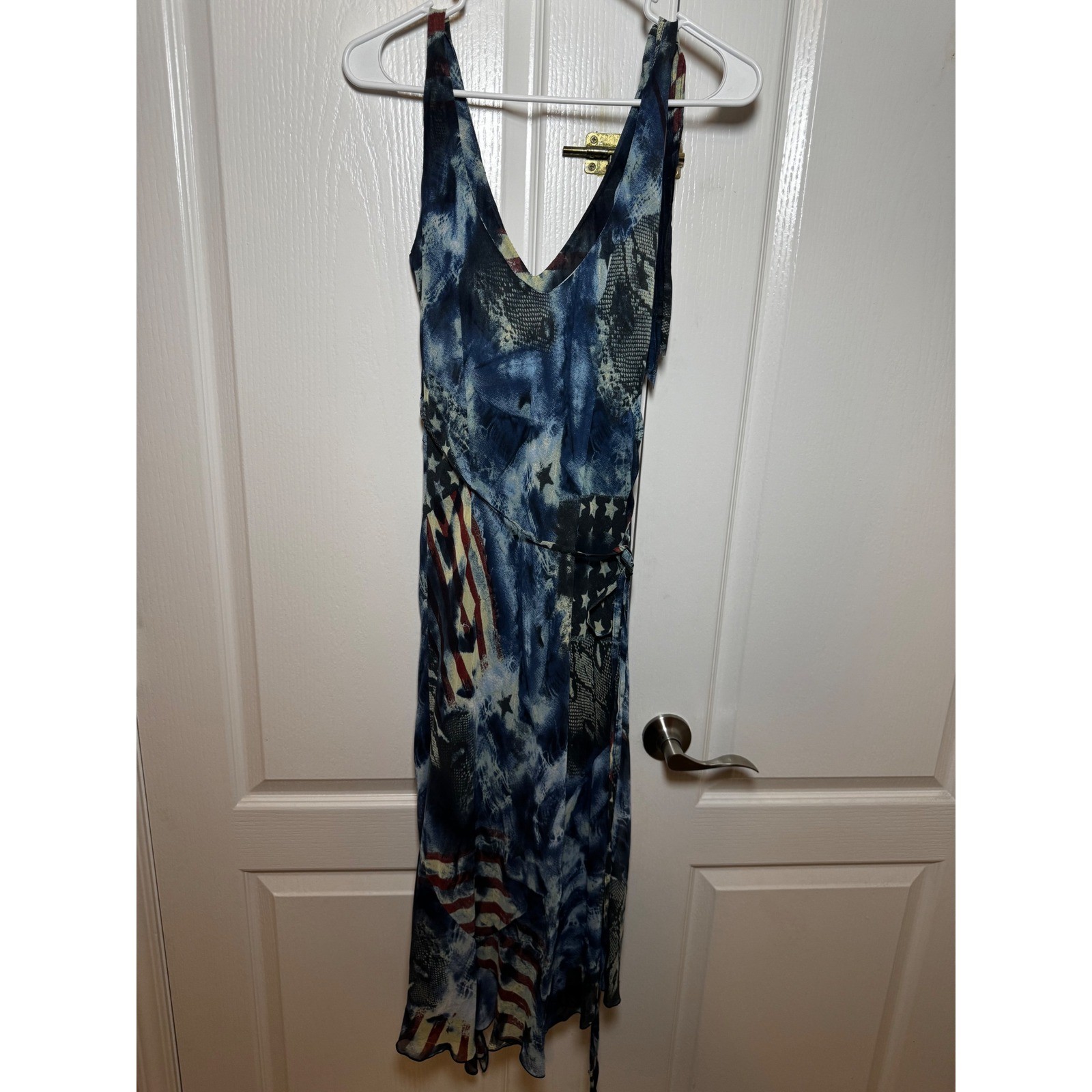 Sandro Womens American Flag Patchwork Snakeskin Print Fringe Midi Dress Blue