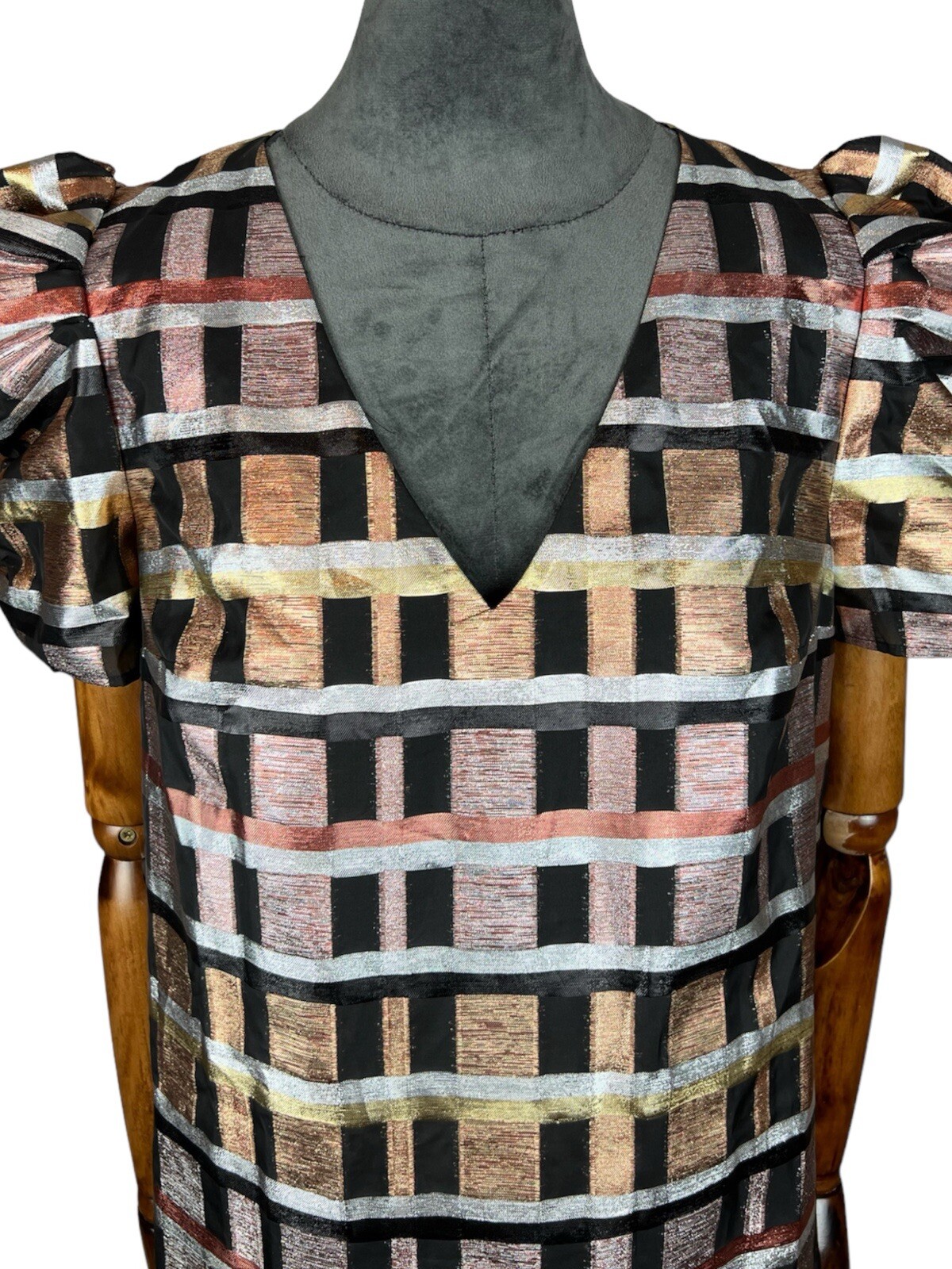 Chic Geometric Print Dress with Metallic Fibers, Lantern Sleeves, Eu38/M