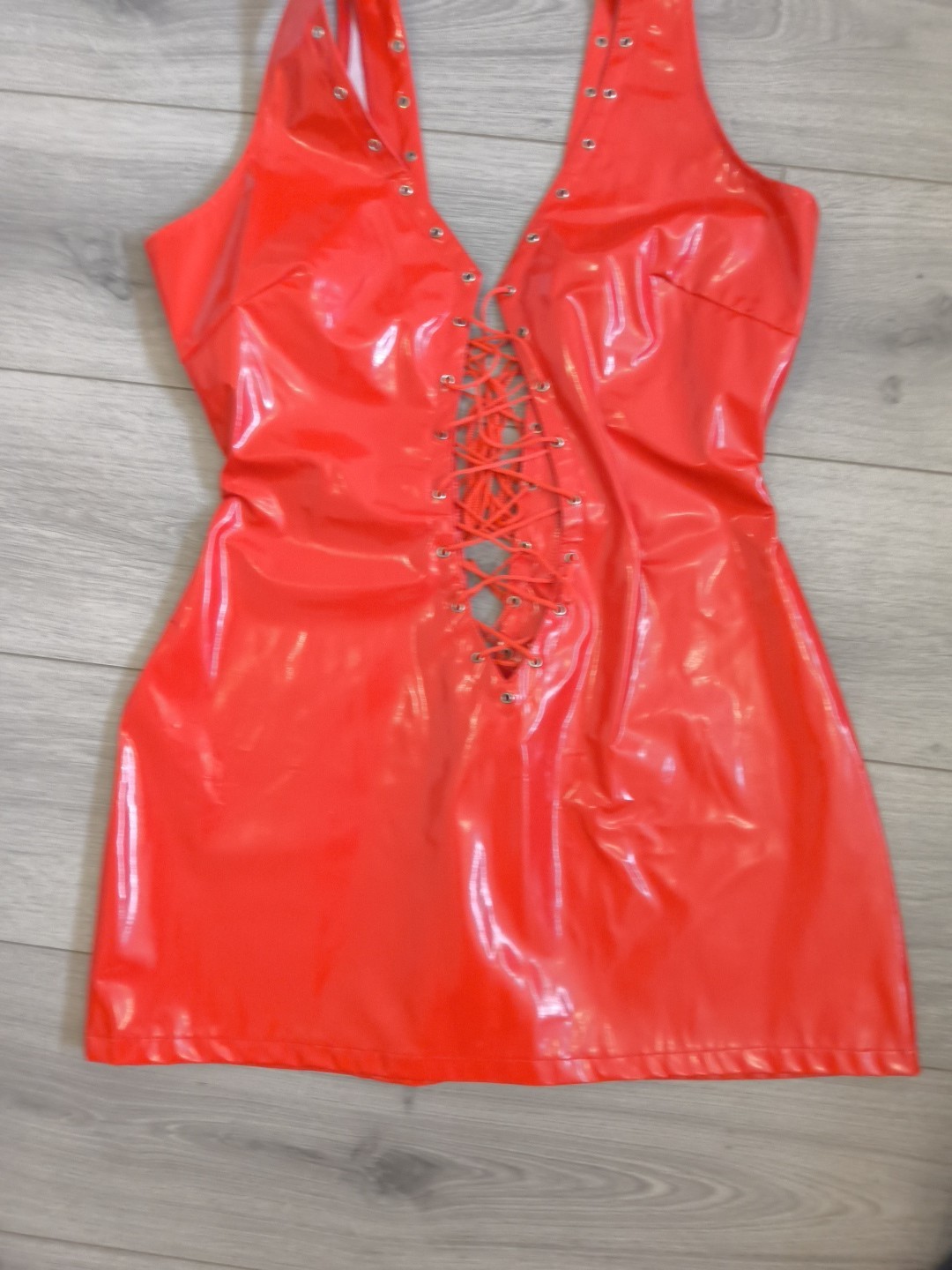 BNWOT Bright Red PVC Plunge Neck Lace Up Front & Back Bodycon Dress Size 10-14