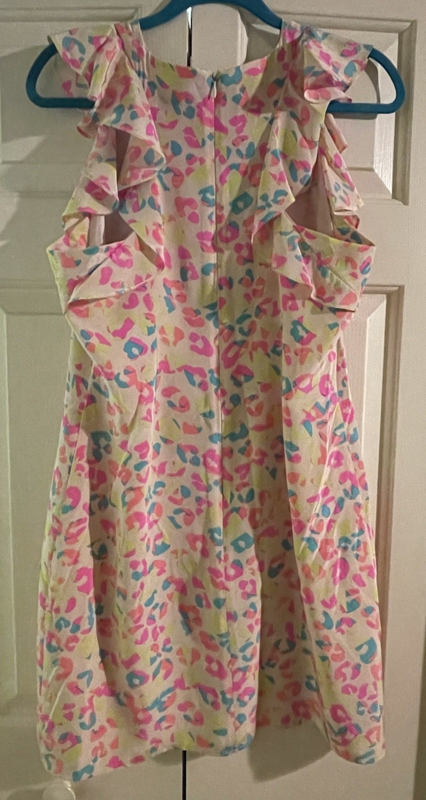 BRITT RYAN SILK NEON LEOPARD SHEATH DRESS RUFFLE SHOULDER Size 6 EUC