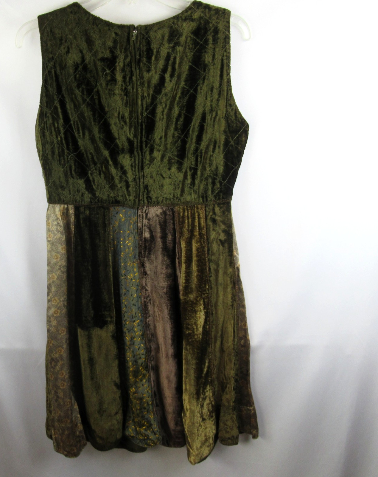 Vintage RENE DERHY VELVET PATCHWORK DRESS Brown Olive Scalloped Hem Size S Boho