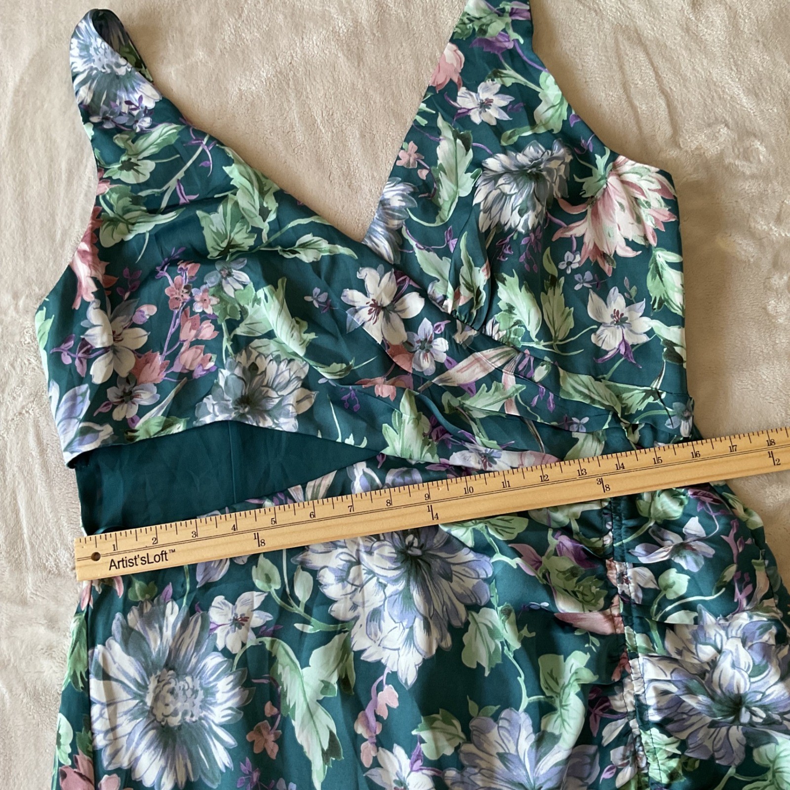 ASTR the Label Teal Floral Pleated Cutout Maxi Dress XL Sleeveless Slit Gown