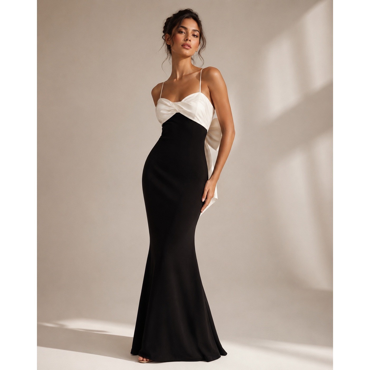 P GLAM Dress Women 11/12 Ivory Black New Twist Front Bow Back Formal Gown NEW