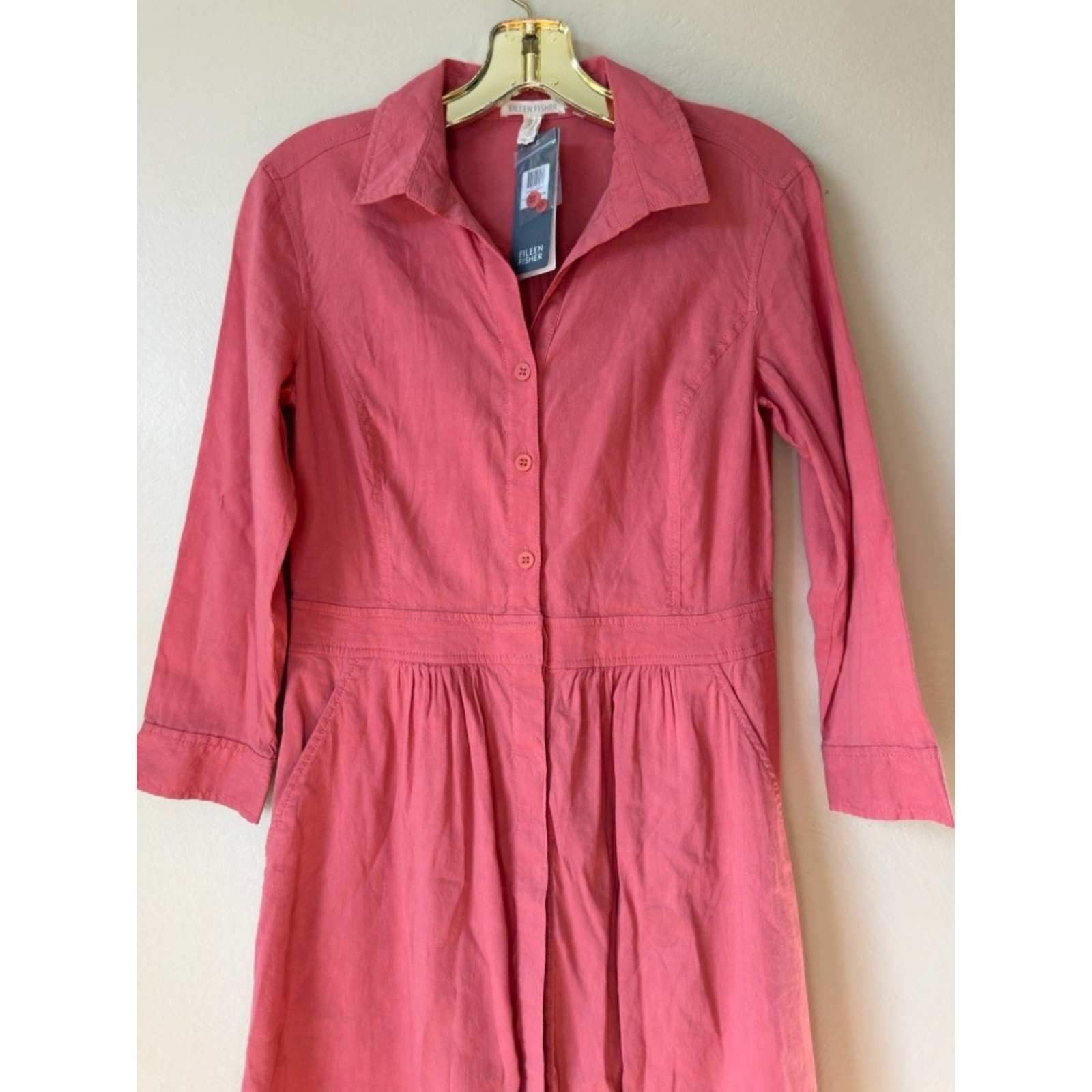 Eileen fisher linen classic collar shirt dress coral size xxs nwt