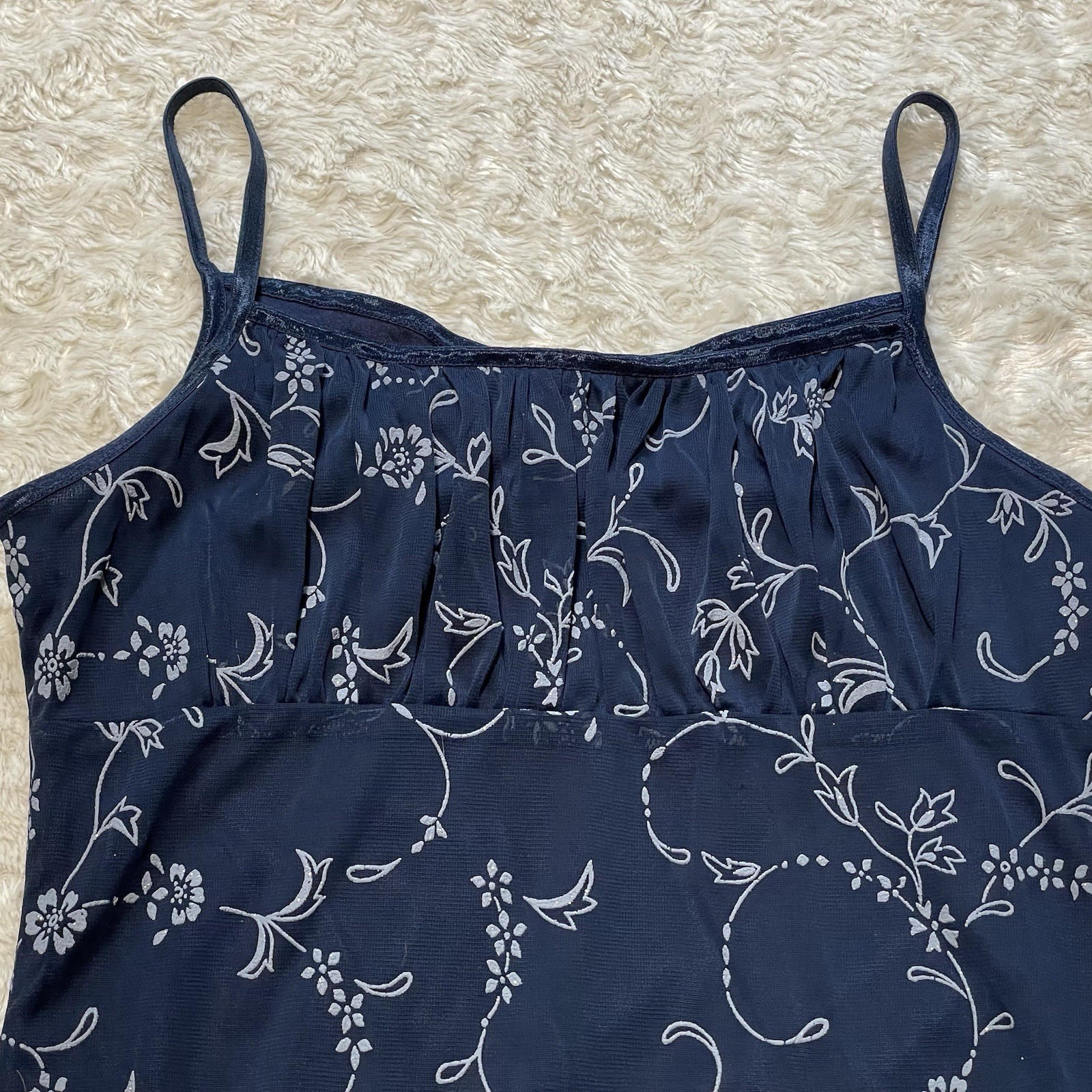 vintage y2k whimsy goth floral milkmaid navy blue mesh grunge slip party dress M
