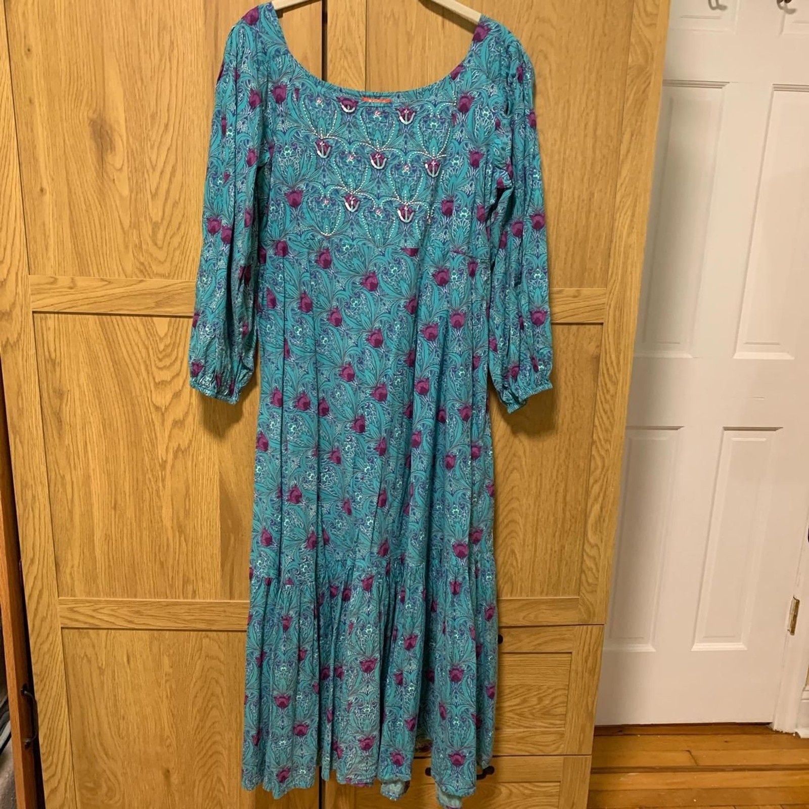 dress blue teal embroidered beaded artdeco floral maxi ruffle cotton