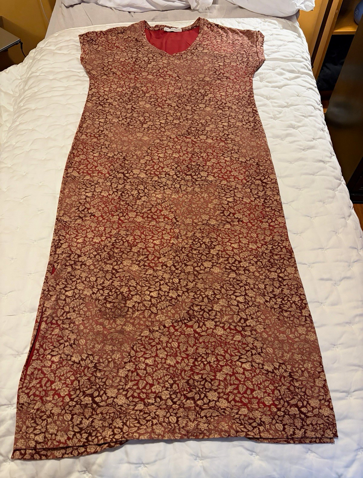 Peruvian Connection Women’s S Red/Brown Floral Maxi Dress Round Neck Side Slit