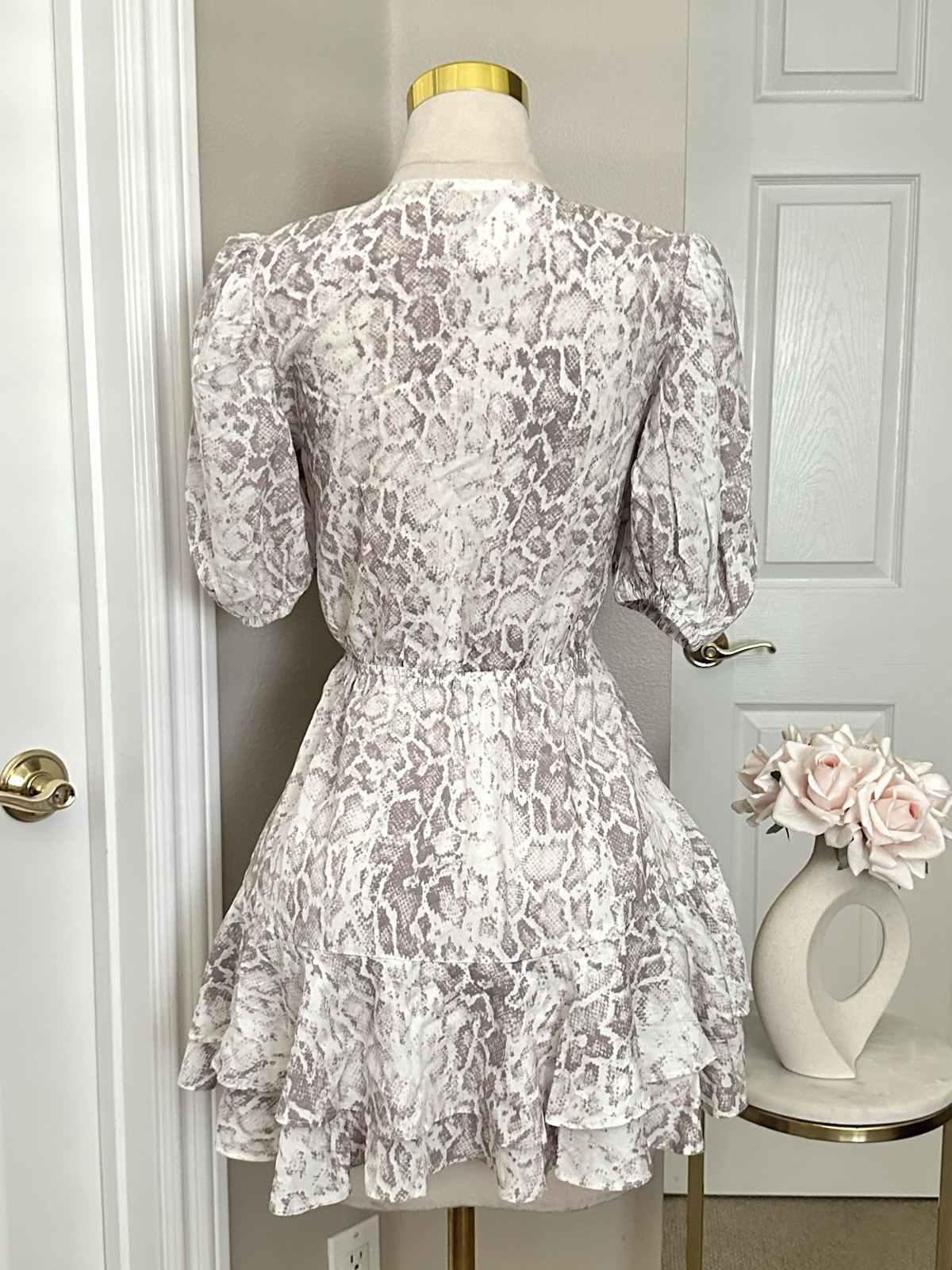 Olivaceous White Lilac Snake-Print Mini Dress w/ Front Tie & Ruffle Hem Sz S