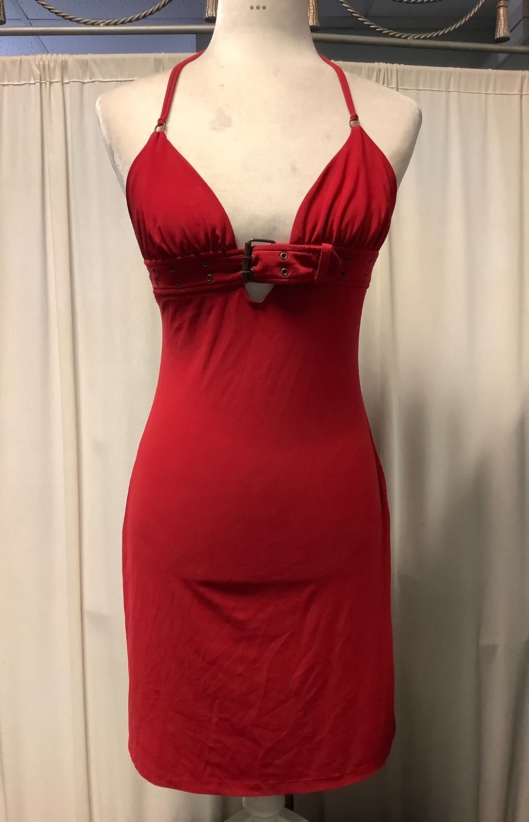 Unyx polyester side slits buckle high waist double spaghetti strap halter dress