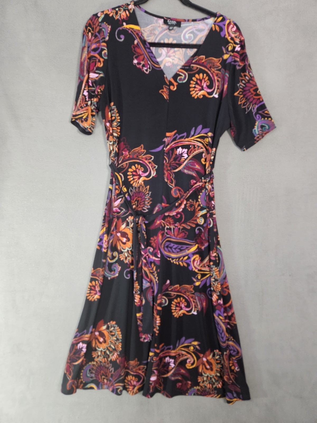 Vintage MSK Dress Petite PXL Half Sleeves Multicolor Paisley Stretch Boho BowTie