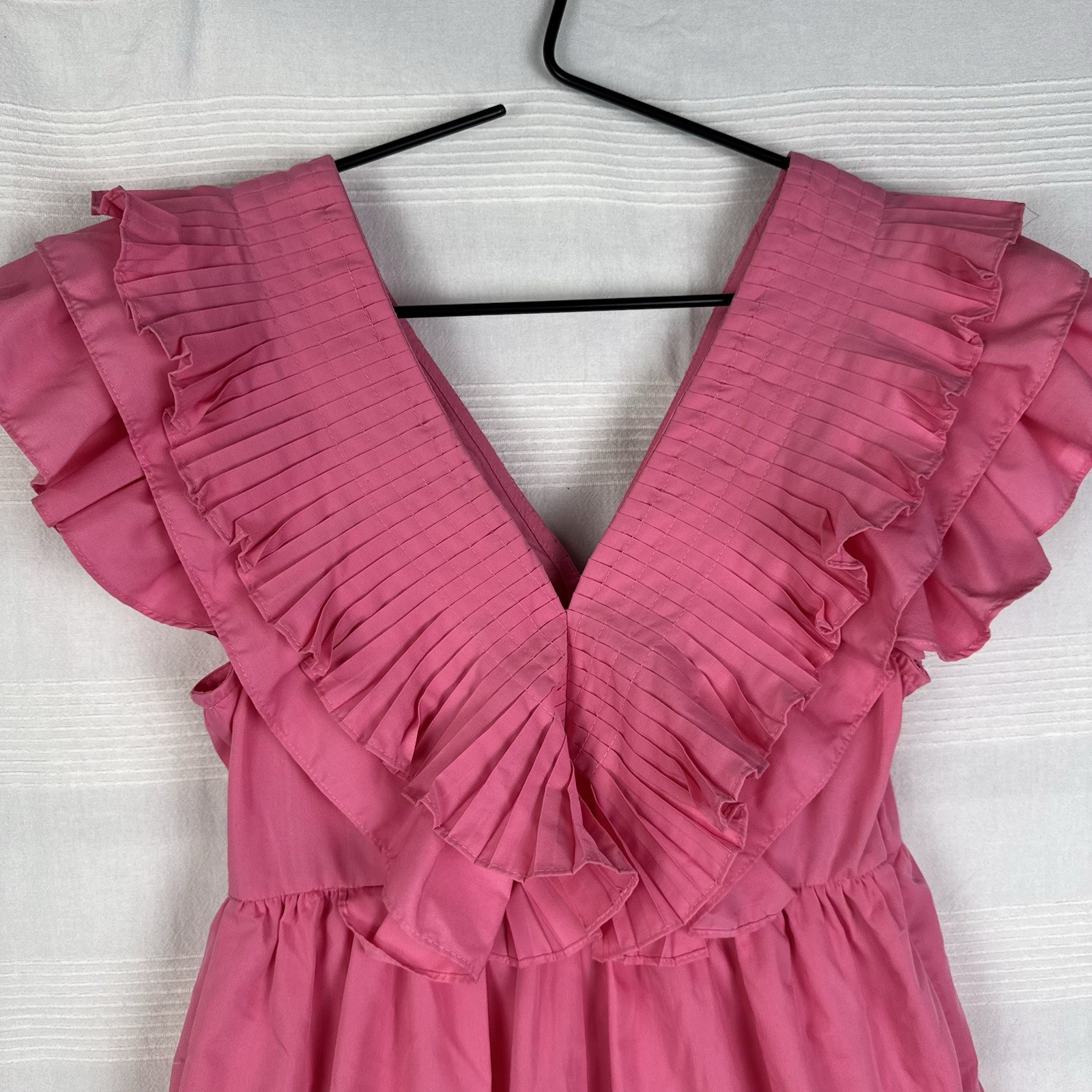 Pink Ruffle Flutter Pleated VNeck Mini Lined Dress Sleeveless Cotton Medium