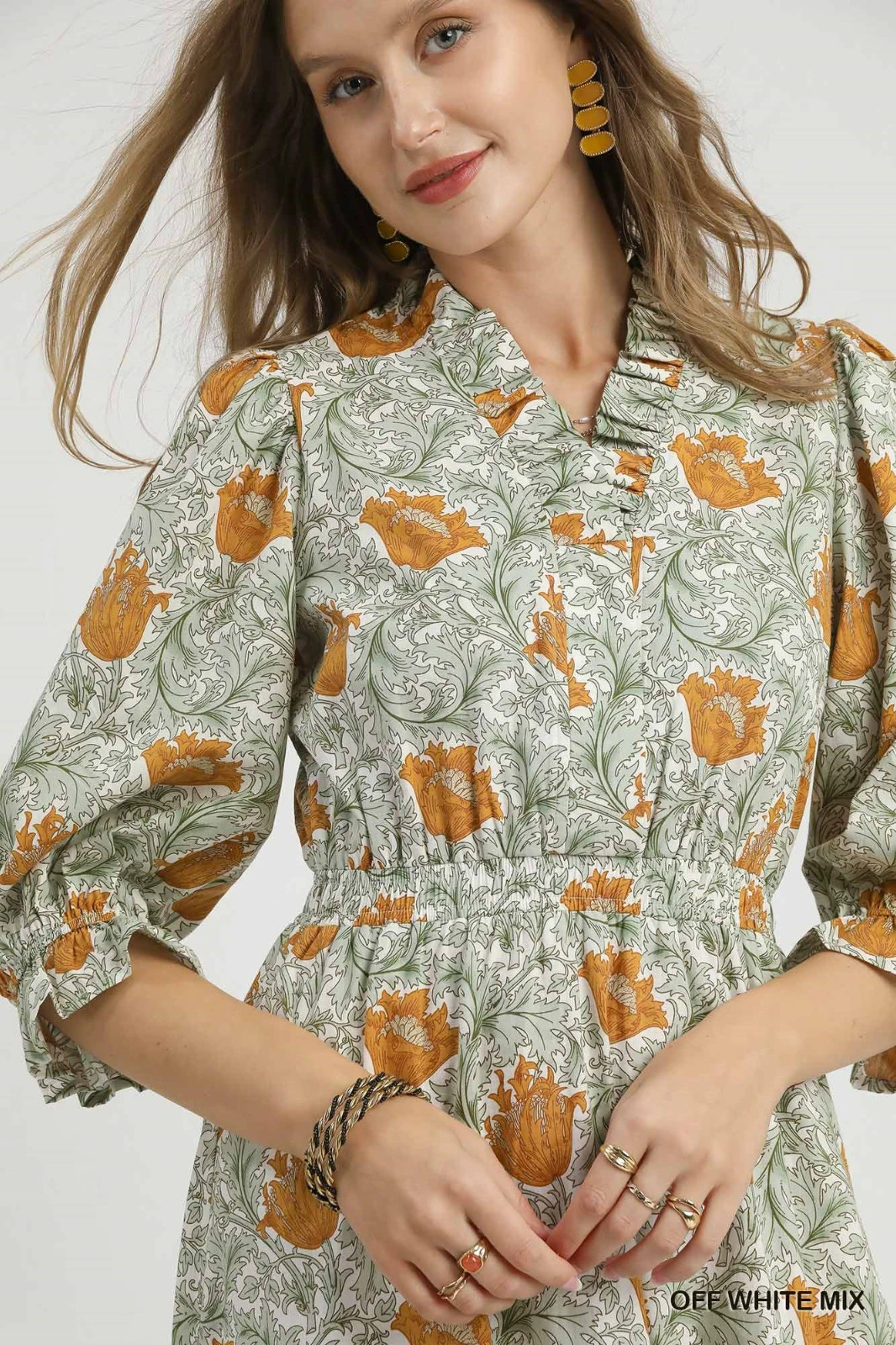 Umgee Off White Abstract Print Midi Dress Collared V Neck 3/4 Ruffle Cuff Sleeve