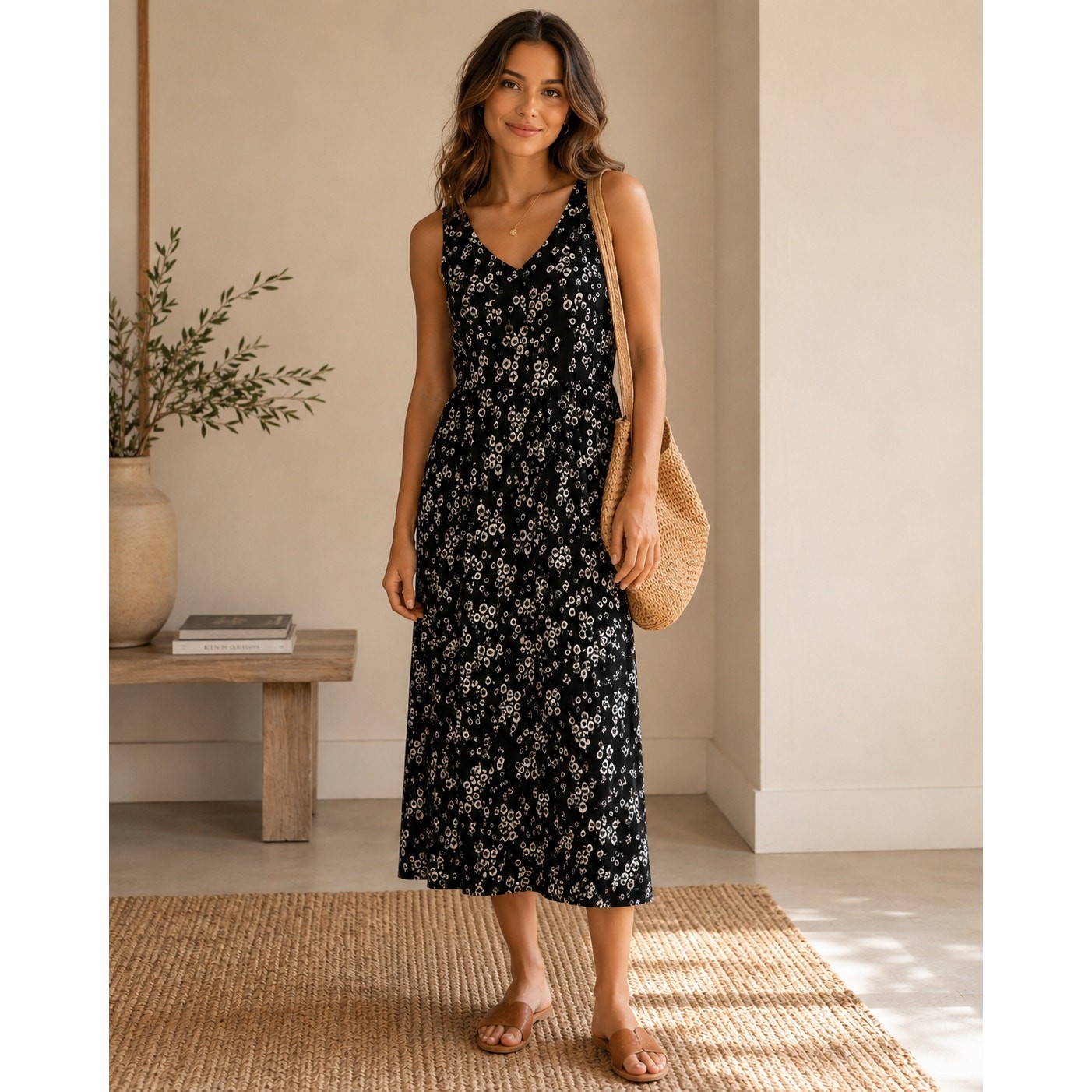 Vintage 90s Inspired Black Floral Midi Dress Cottagecore Modest Minimalist 4