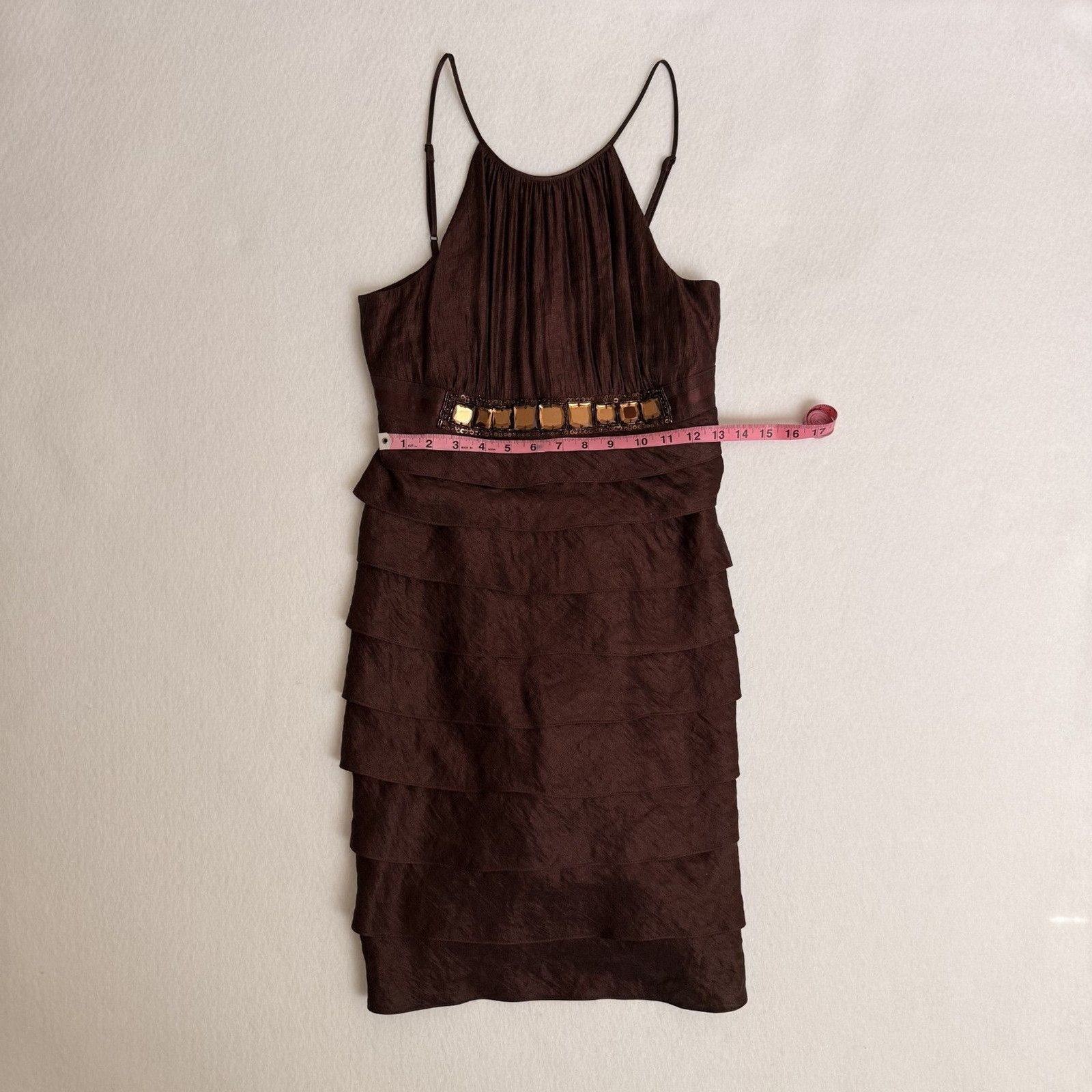 Caché Y2K Brown Iridescent Tiered Halter Mini Dress Jewel Embellishment Size 8