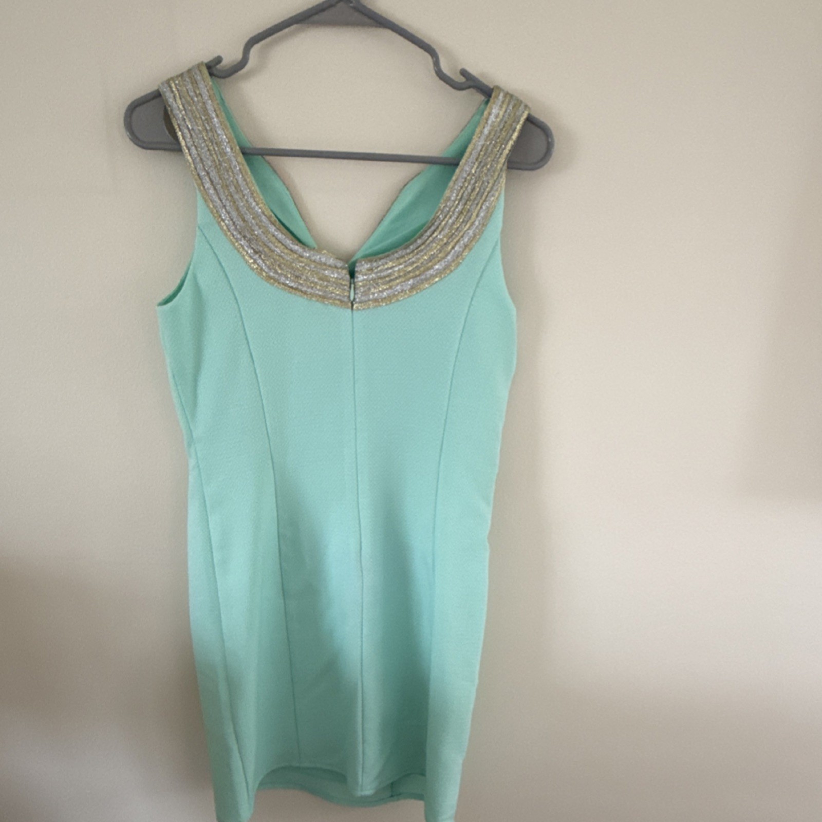 Pink Lily Mint Green Shift Dress S Sleeveless Metallic Trim Gold Silver