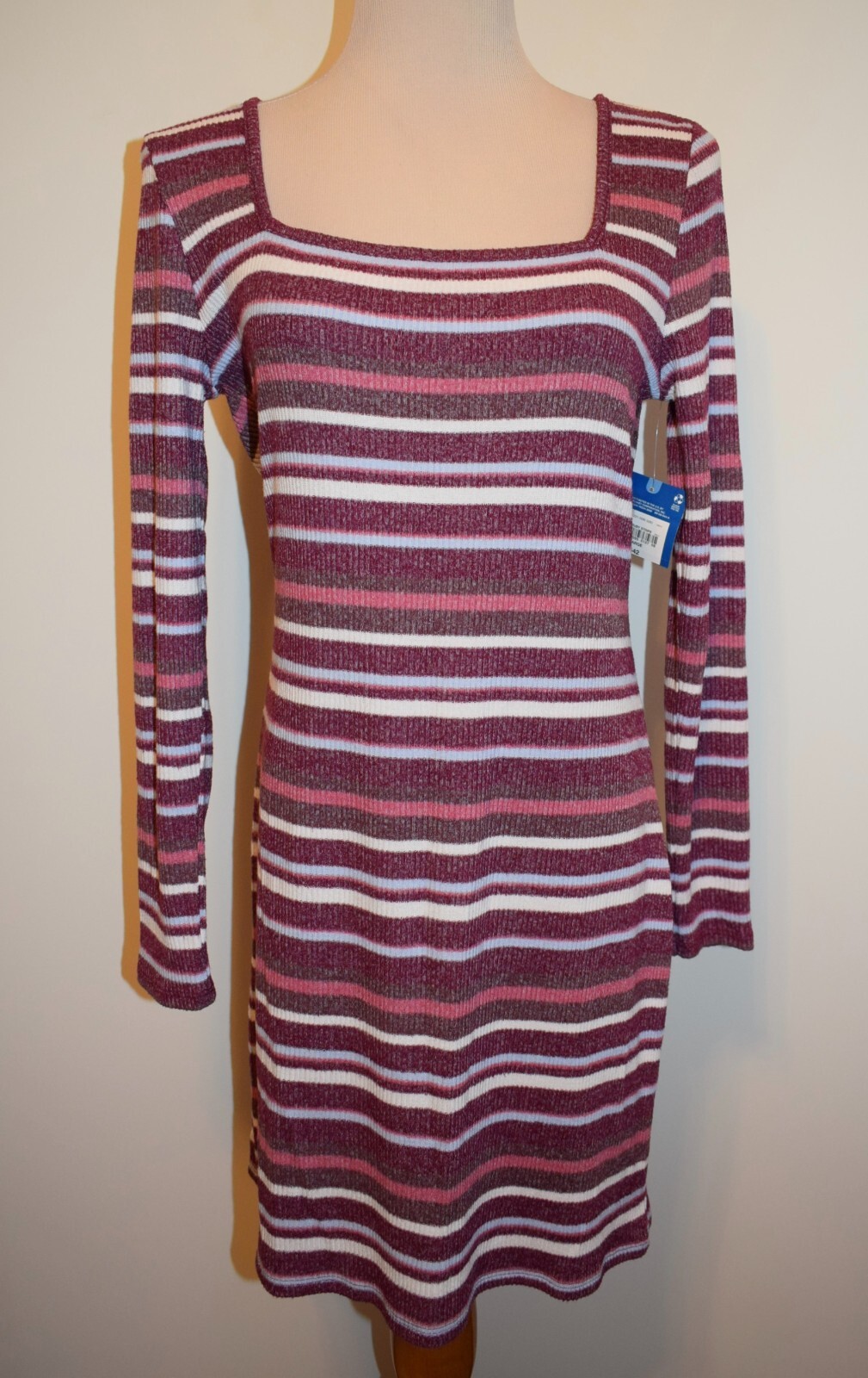 New Womens Arizona Jean Co Dress Large Striped Long Sleeve Square Neck Ribbed
