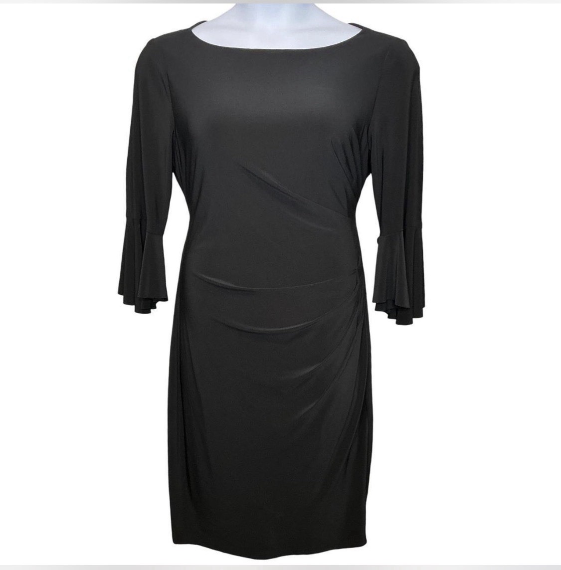 Ralph Lauren Black Stretch Dress Ruched Sheath Bell Sleeve Witchy Gothic XL 16