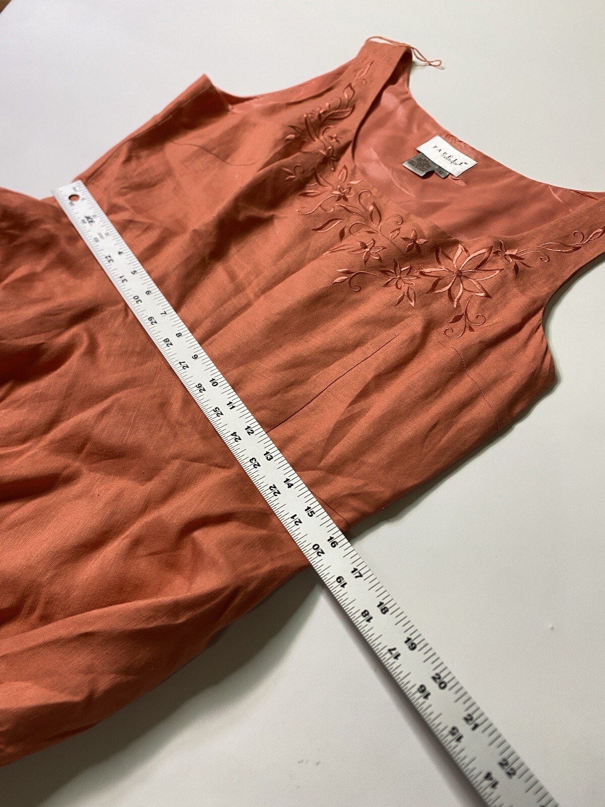 Papell Boutique Embriodered Sheath Dress Coral Linen Blend Size 12 Boho Floral