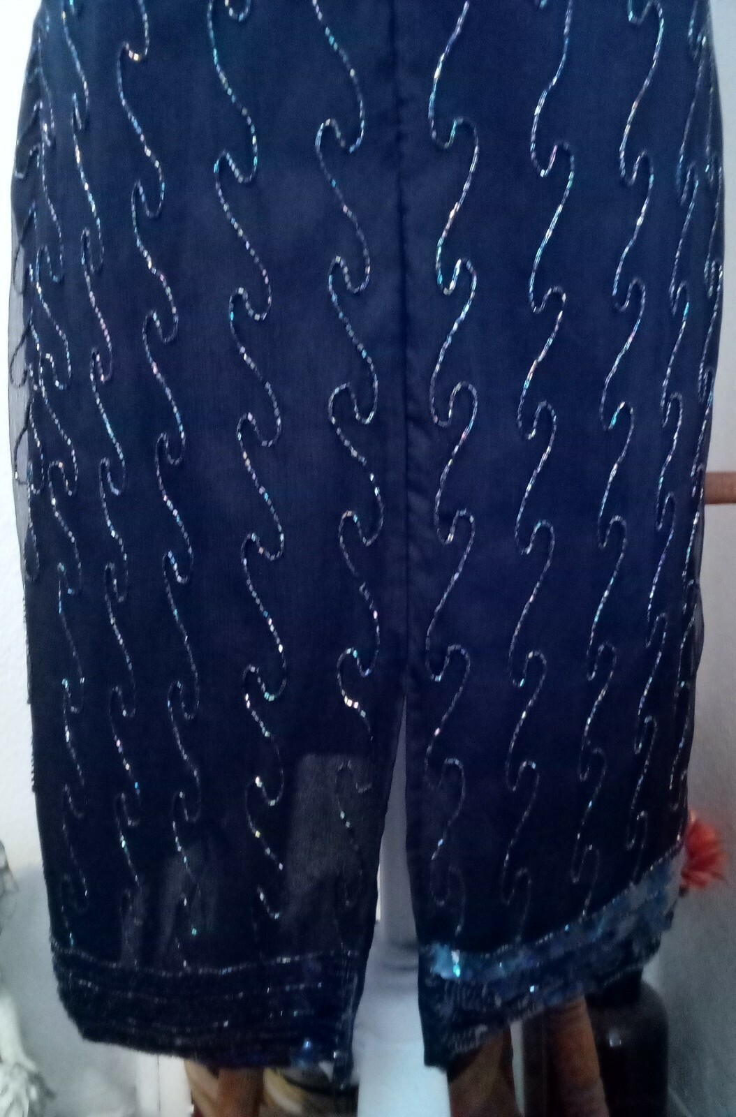 Creative Creations Large Dress Midnight Blue Beaded Sequins Silk Short Sleeves