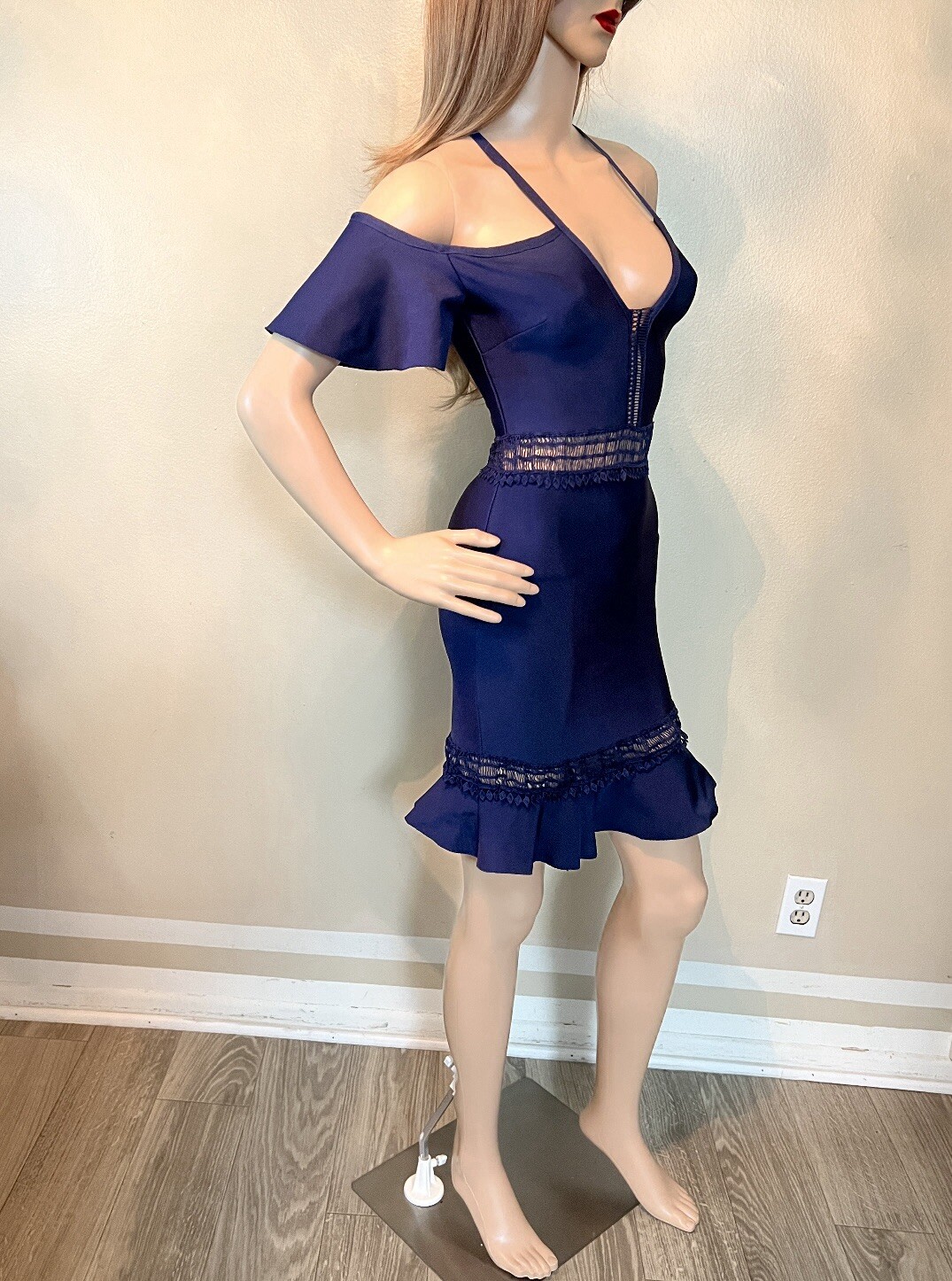 Vintage Bodycon Rare2Find Y2K Blue Strappy Cold-Shoulder Frill Cocktail Dress 0