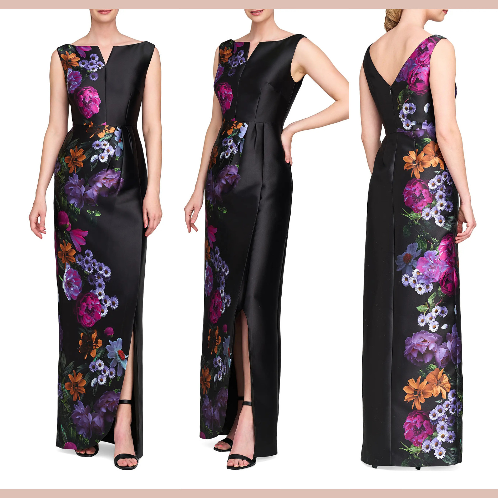 NEW $338 Kay Unger [ SZ 6 ] Helene Peony Bouquet Column Gown Black Raven S2052