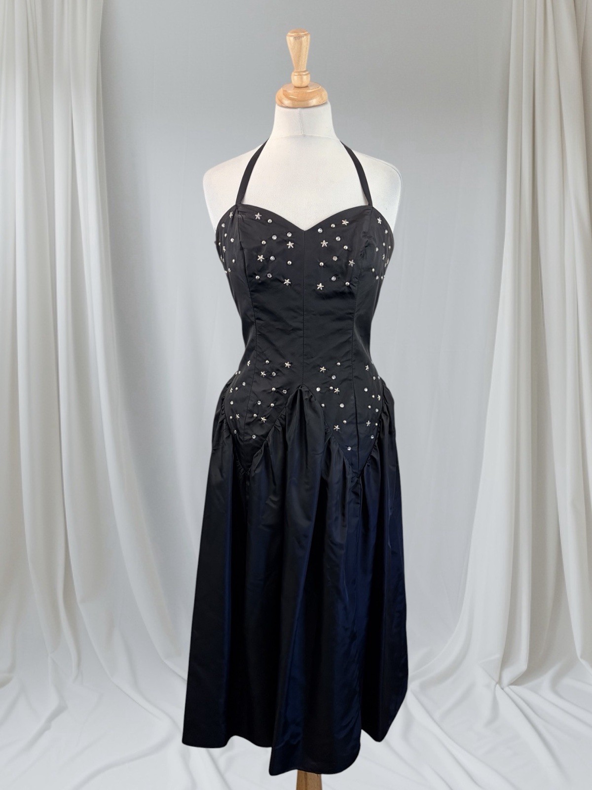 Black Studded Rhinestone Halter Dress Fit Flare 90s Punk Alt Goth Stars Edgy M
