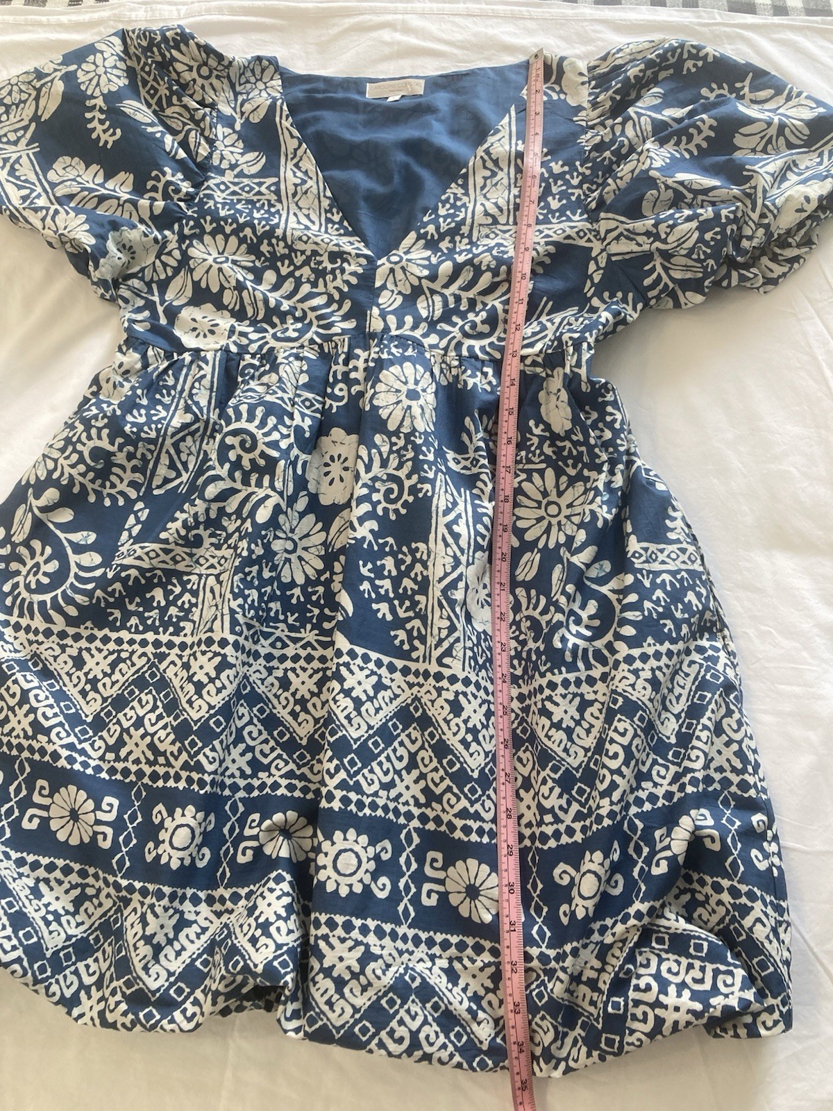 NWOT Caroline Constas Blue White Babydoll Puff Sleeve V-Neck Cotton Dress Sz L