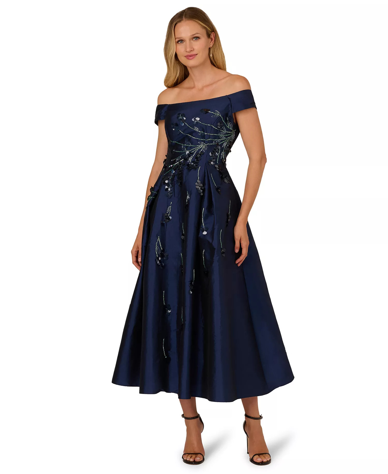 Adrianna Papell Cocktail Dress 6 Navy Beaded Sequin Pleated Taffeta NWT $269