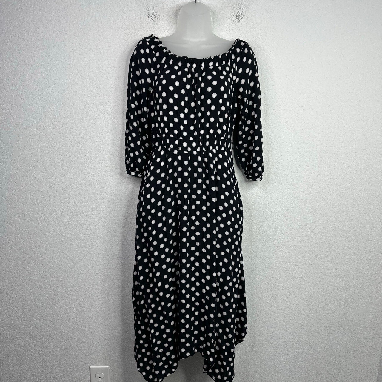 Maeve Dress Womens Size 2 Polka Dot Off-Shoulder Asymmetrical Boho Coastal Midi