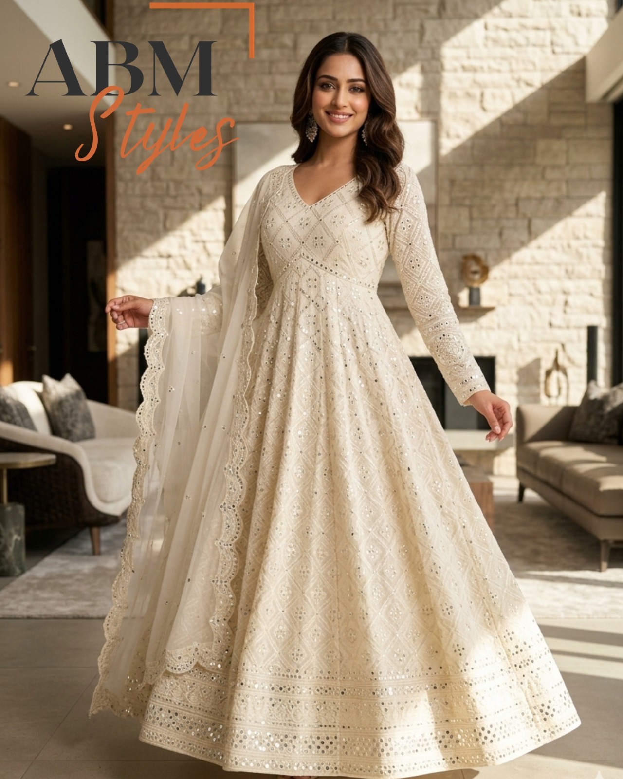 Off White Sequin Work Georgette Anarkali Set
