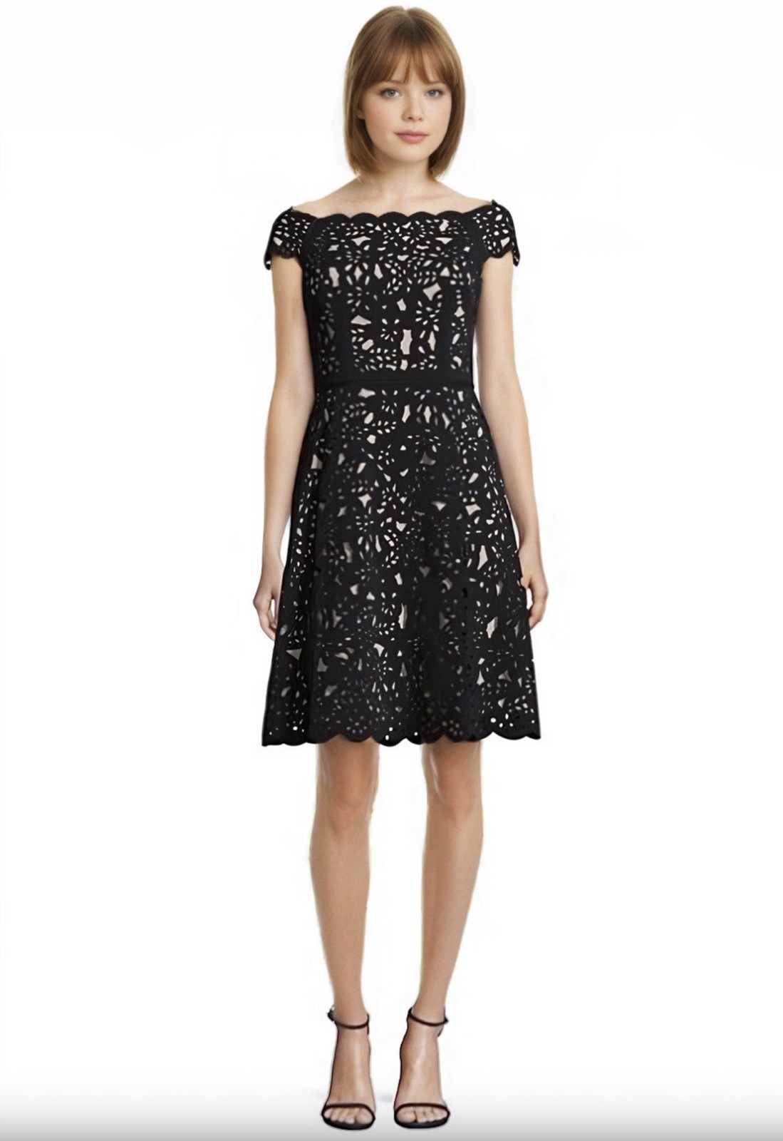SHANI Black/Nude Cut-Out Off-Shoulder Short Sleeve A-Line Knee Dress 8