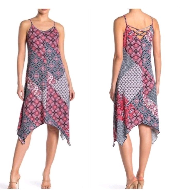 Nina Leonard V-Neck Handkerchief Asymmetrical Midi Spaghetti Strap Womens 1X
