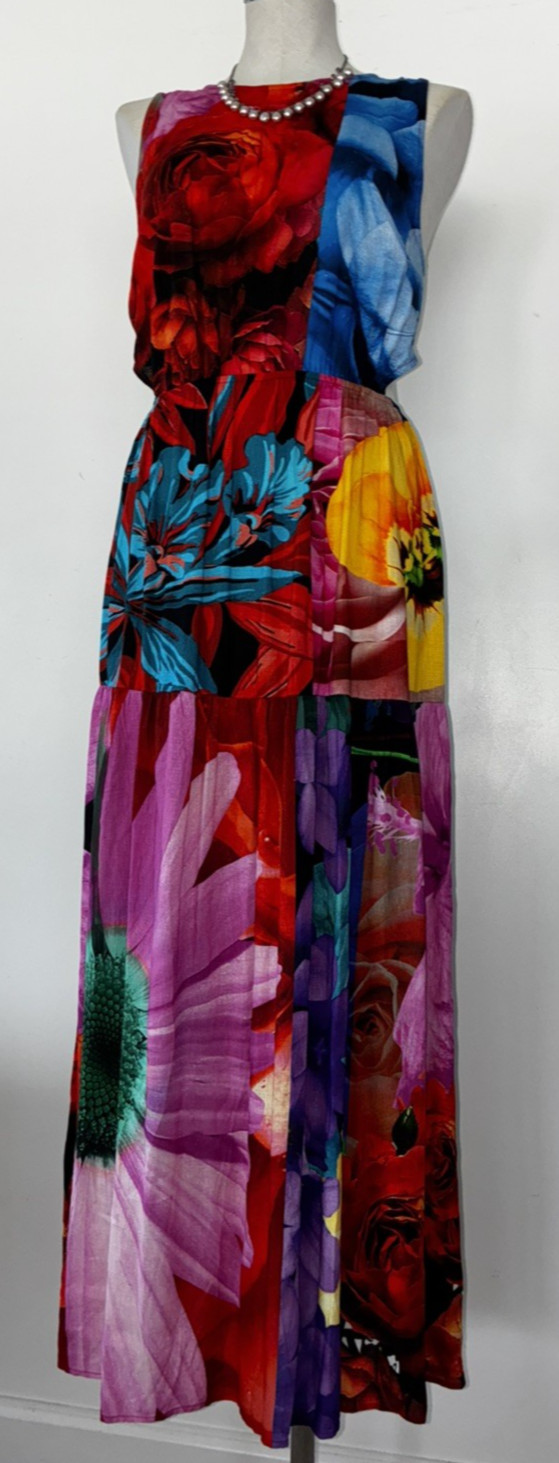 NWOT DESIGUAL BOLD FLORAL DESIGNER MAXI DRESS CUT-OUT WAIST MULTICOLOR L