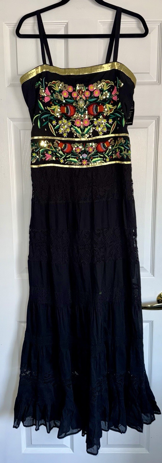BOSTON PROPER Sequin Gold Floral Embroidered Lace Inset Tiered Smocked Maxi M