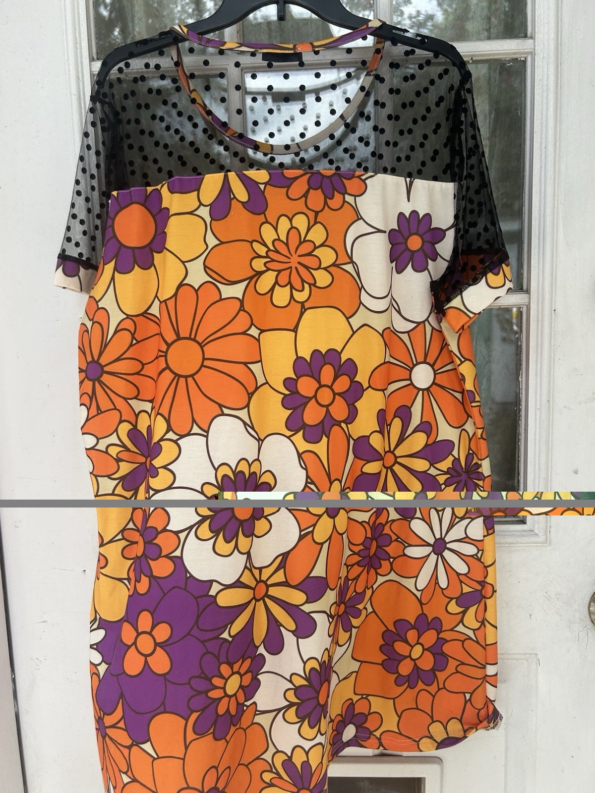 IZURIA Orange/Purple Floral Shift Dress Sheer Mesh Yoke Short Sleeve 2XL