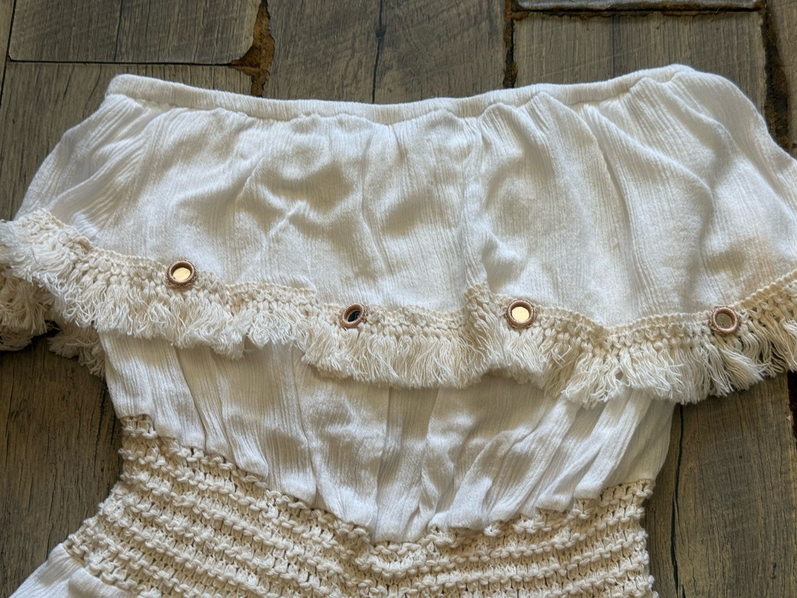 Ocean Drive off white strapless crochet fringe dress cover-up size S