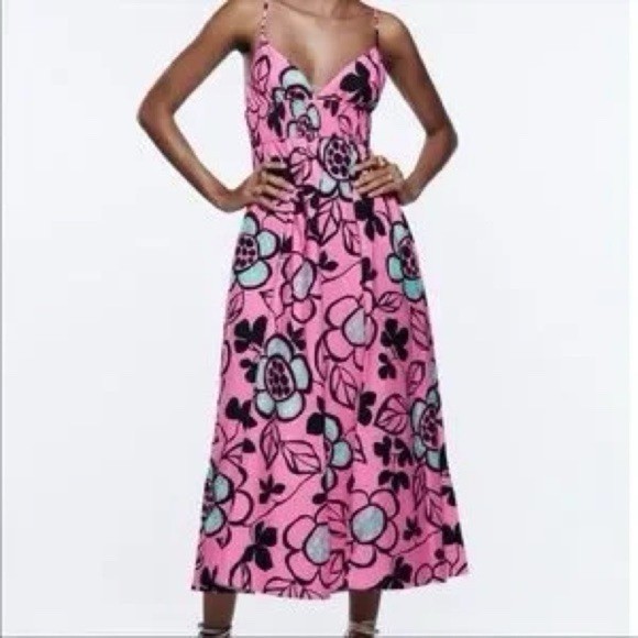 Zara Printed PINK black Blue Midi Dress Floral Adjustable Straps Small
