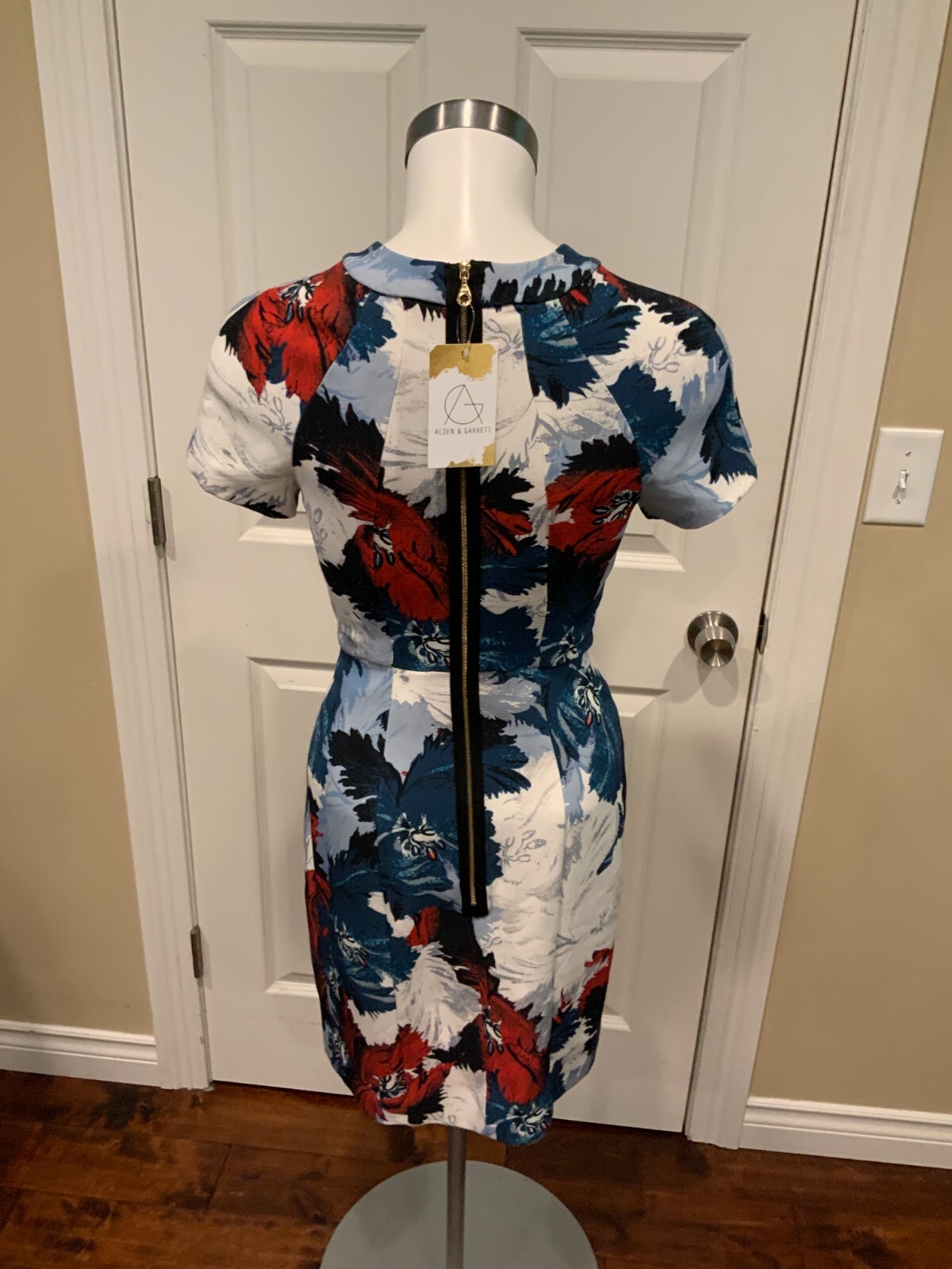 Erdem White, Blue & Red Floral Short Sleeve Cutout Sheath Dress, Size 0