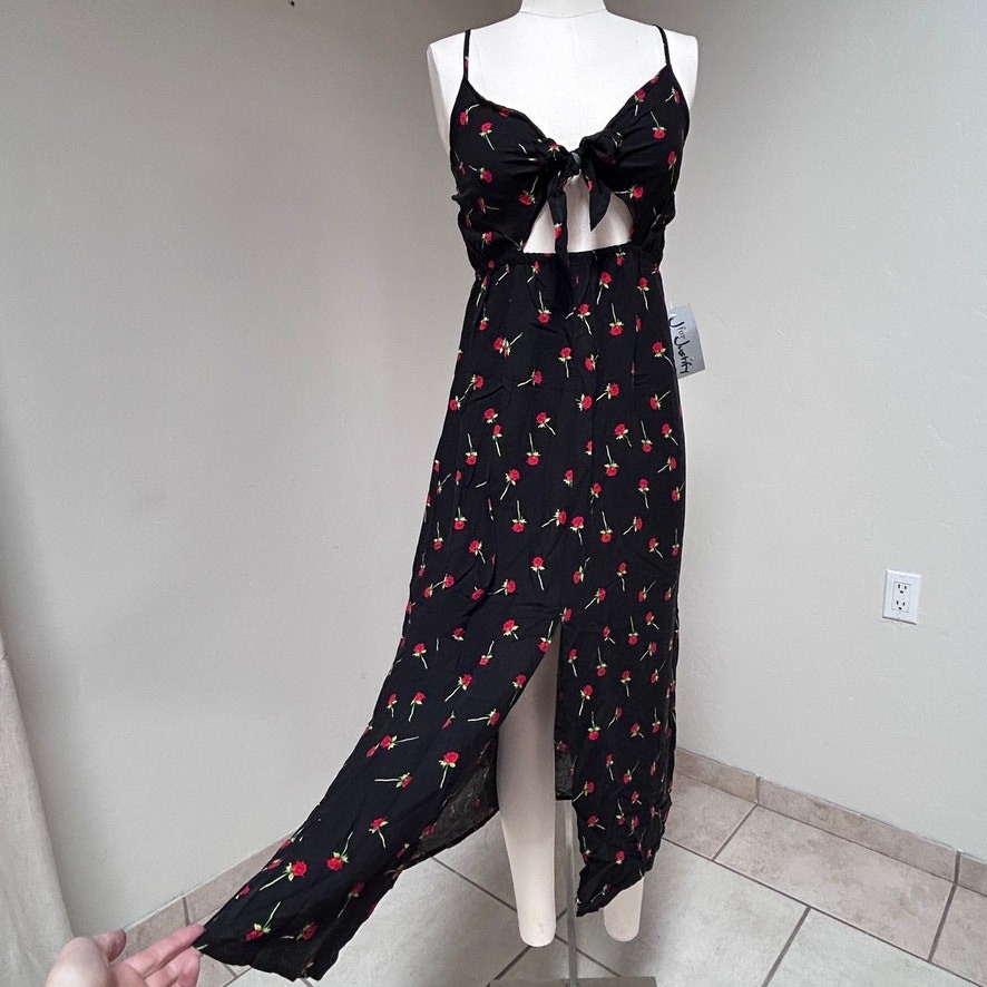 Whimsigoth Rose Print Dress Tie Front Cutout Midi Dark Romance S J For Justify