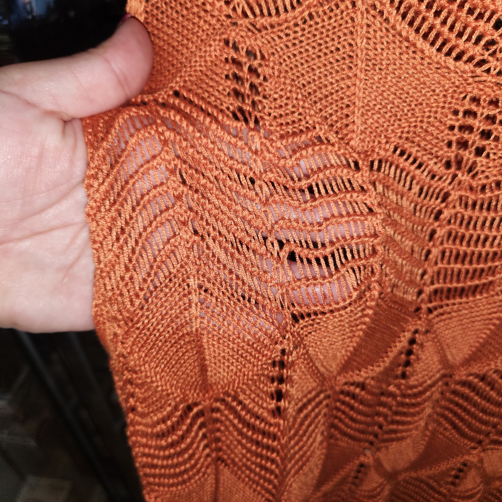 Orange Rust Pointelle Knit Crochey Chevron Mini Dress Cover Up Size Medium