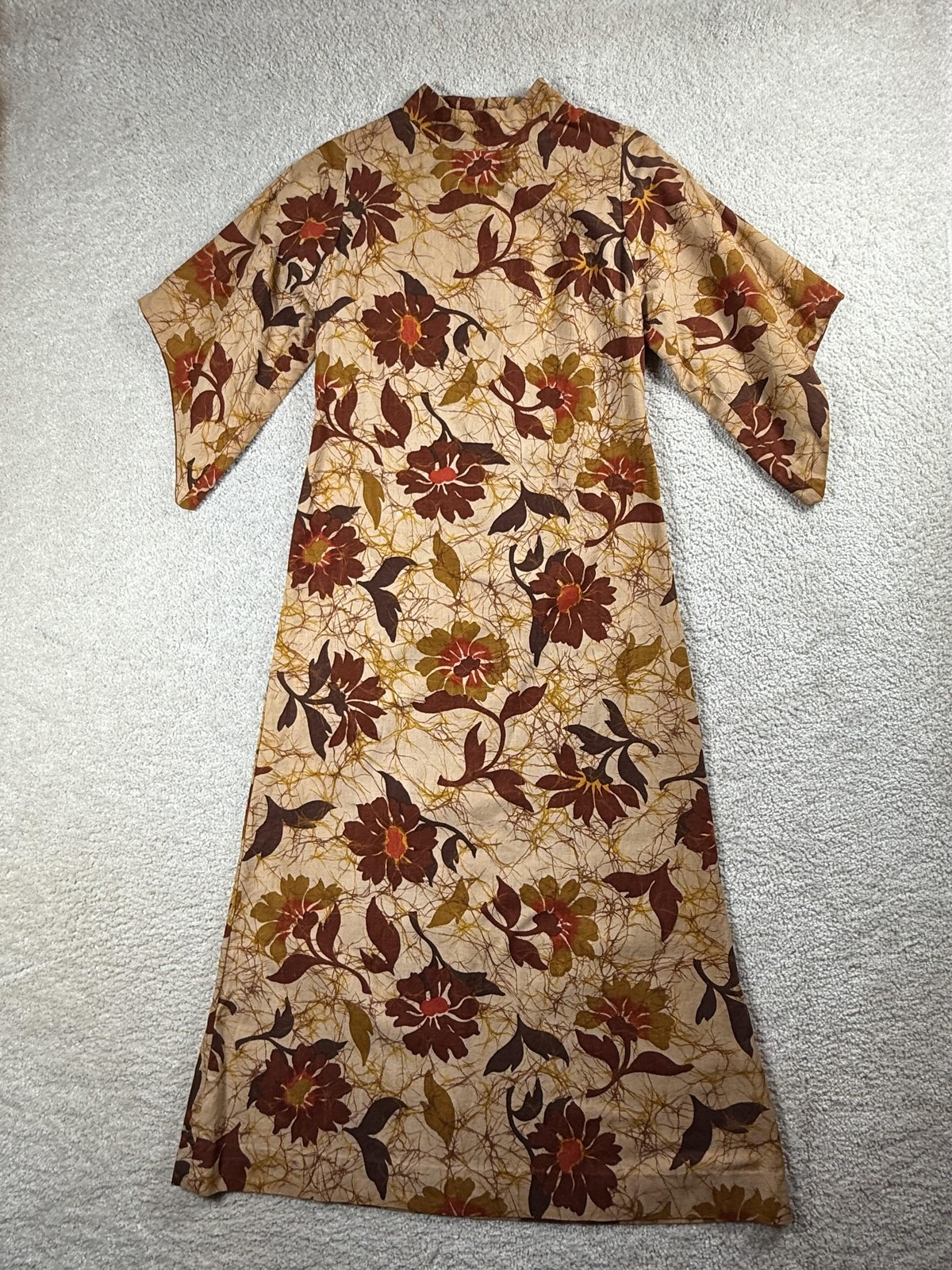 Vintage Floral Dress Womens Medium Beige Brown Maxi Kimono Boho 60s 70s