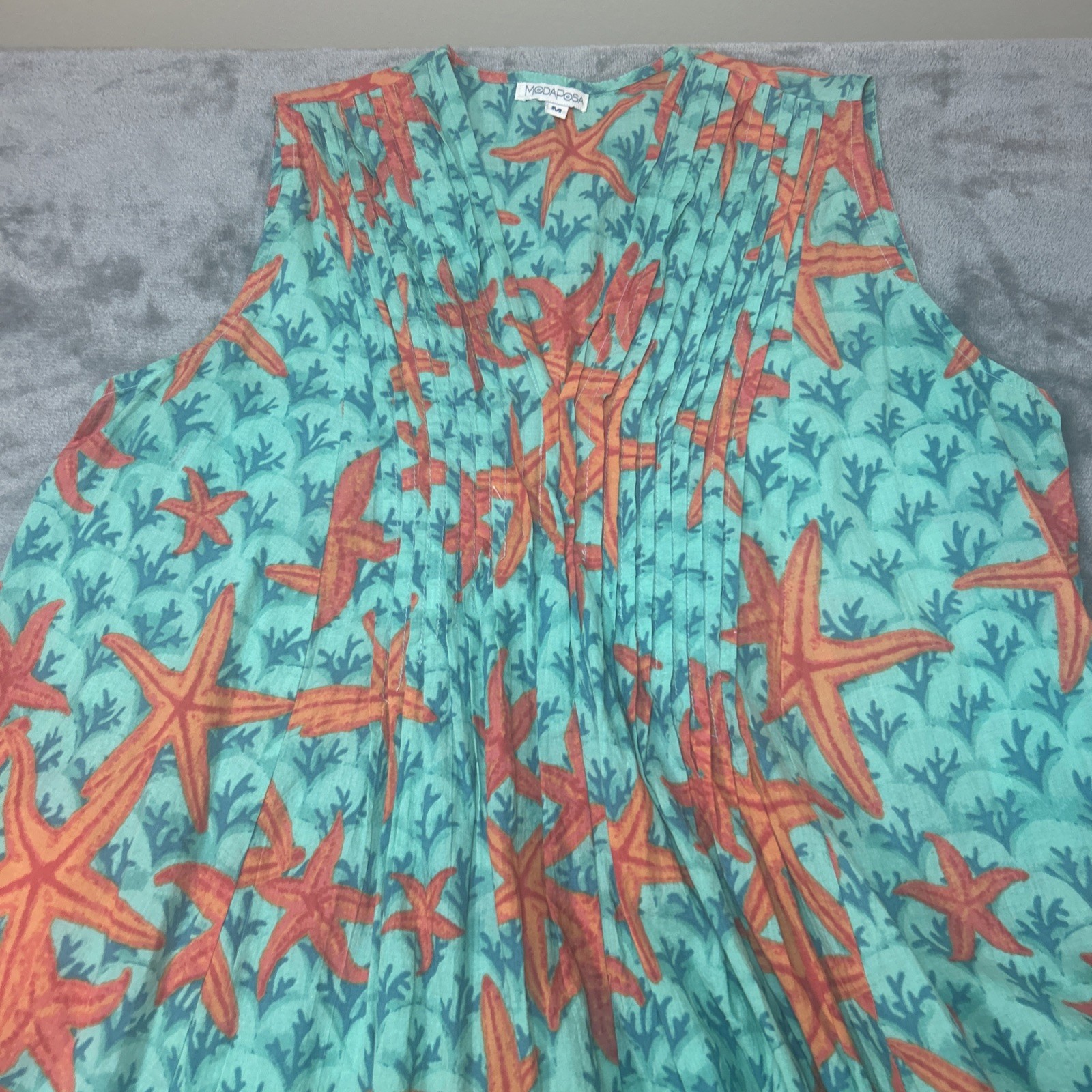 ModaPosa M Pin Tuck Turquoise Starfish Beach Sleeveless Fit & Flare Dress Fringe
